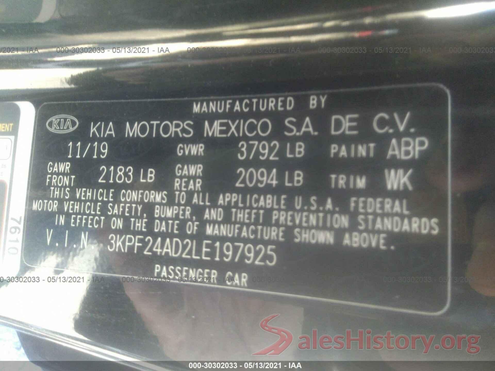 3KPF24AD2LE197925 2020 KIA FORTE