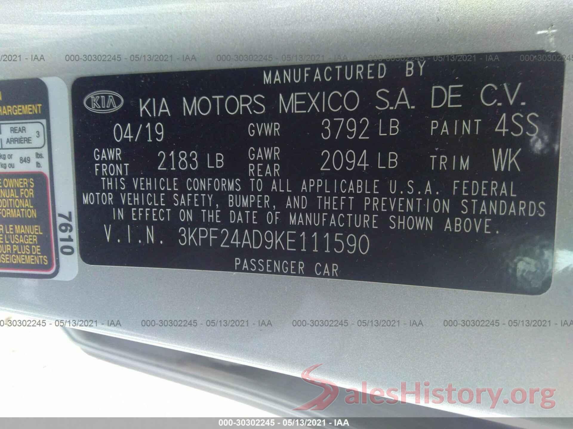 3KPF24AD9KE111590 2019 KIA FORTE