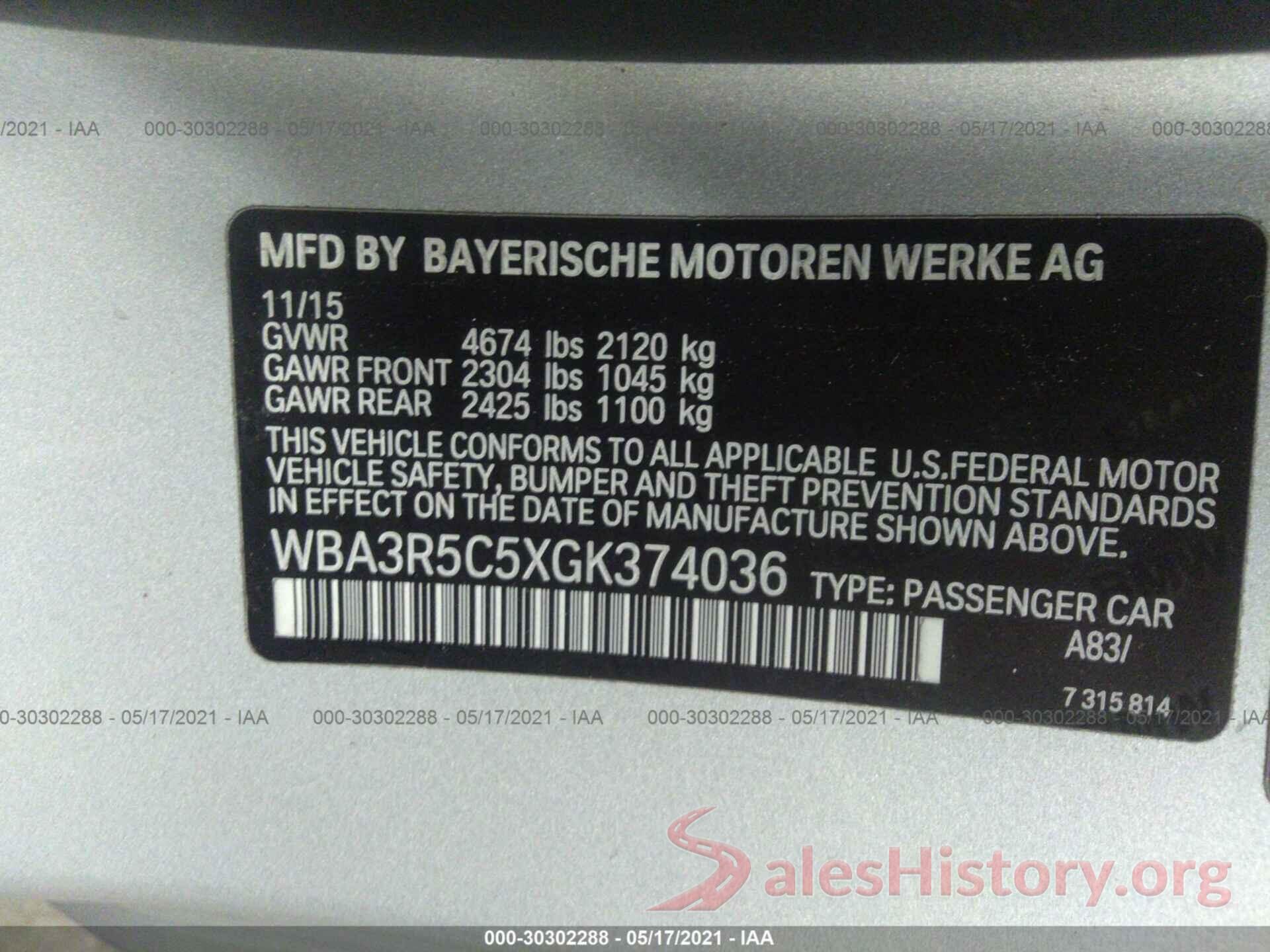 WBA3R5C5XGK374036 2016 BMW 4 SERIES