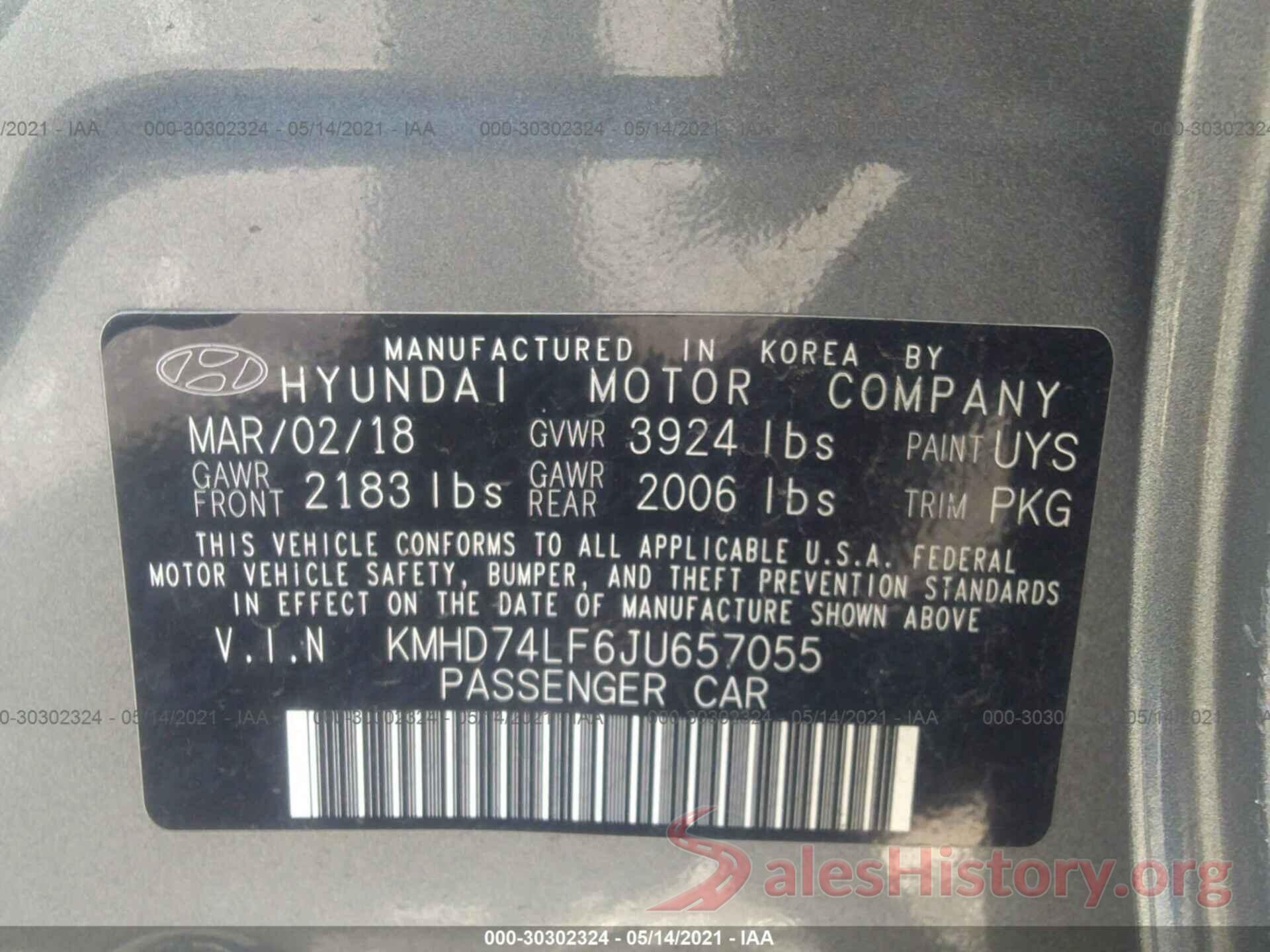 KMHD74LF6JU657055 2018 HYUNDAI ELANTRA