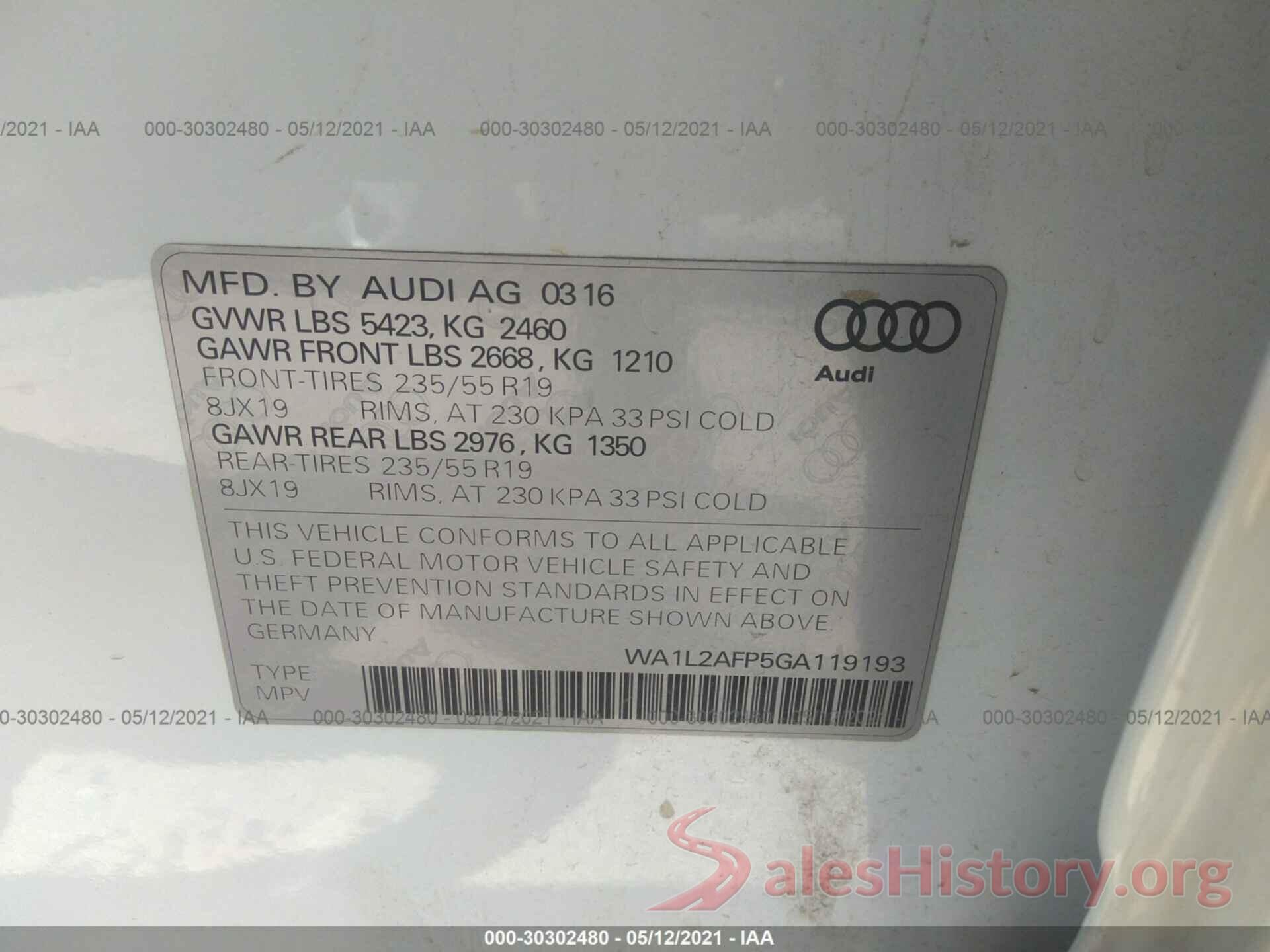 WA1L2AFP5GA119193 2016 AUDI Q5