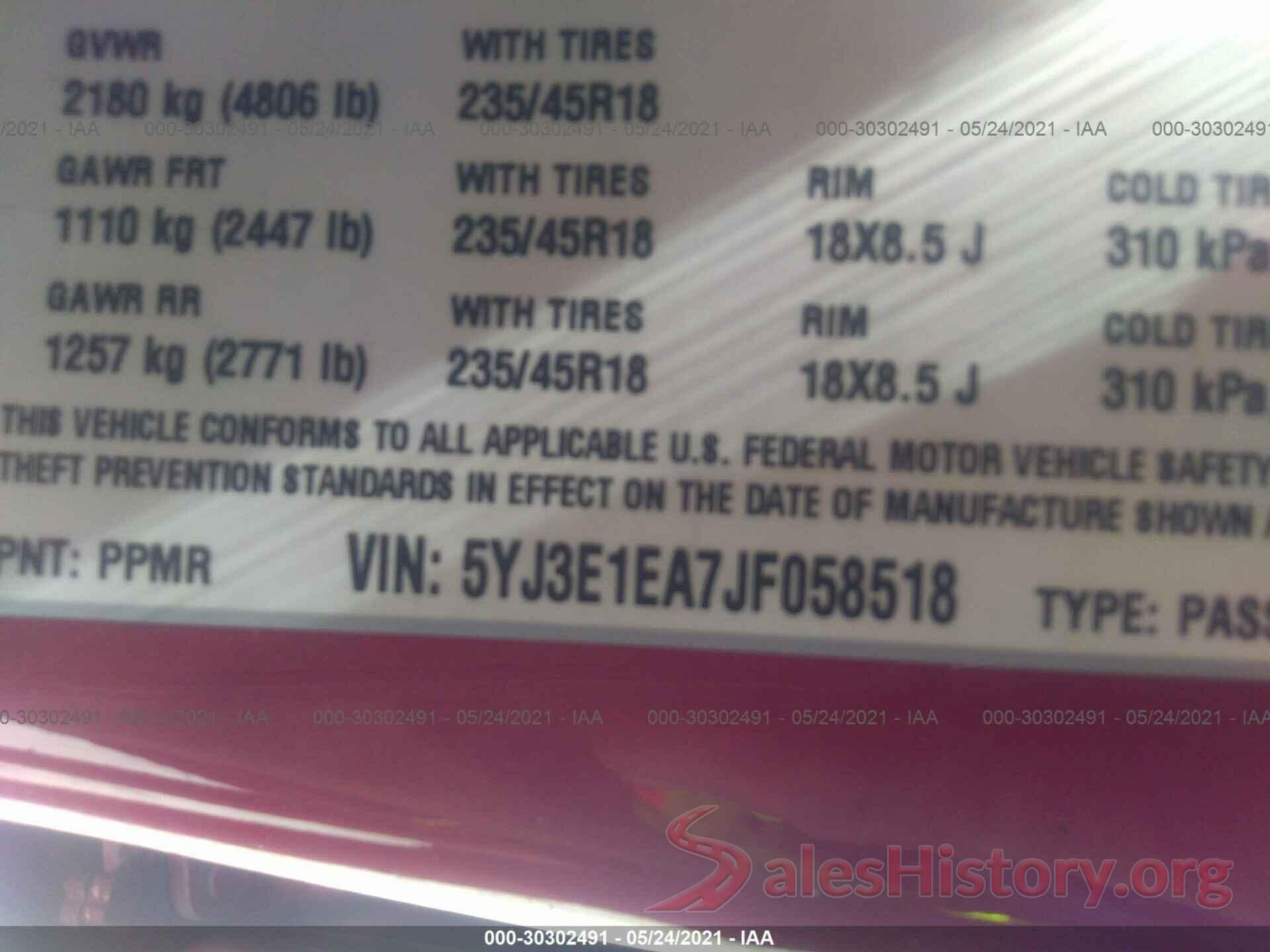 5YJ3E1EA7JF058518 2018 TESLA MODEL 3