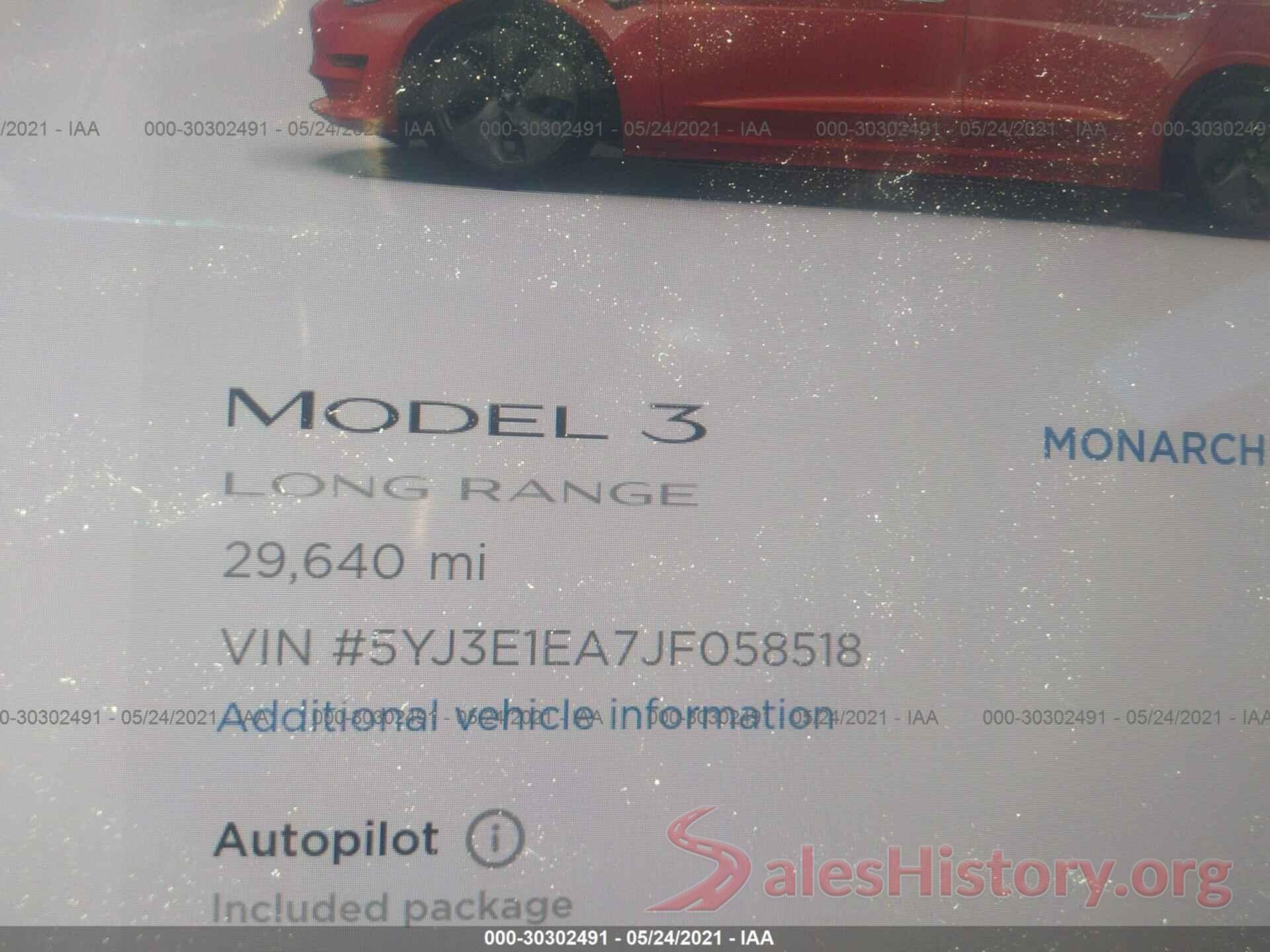 5YJ3E1EA7JF058518 2018 TESLA MODEL 3