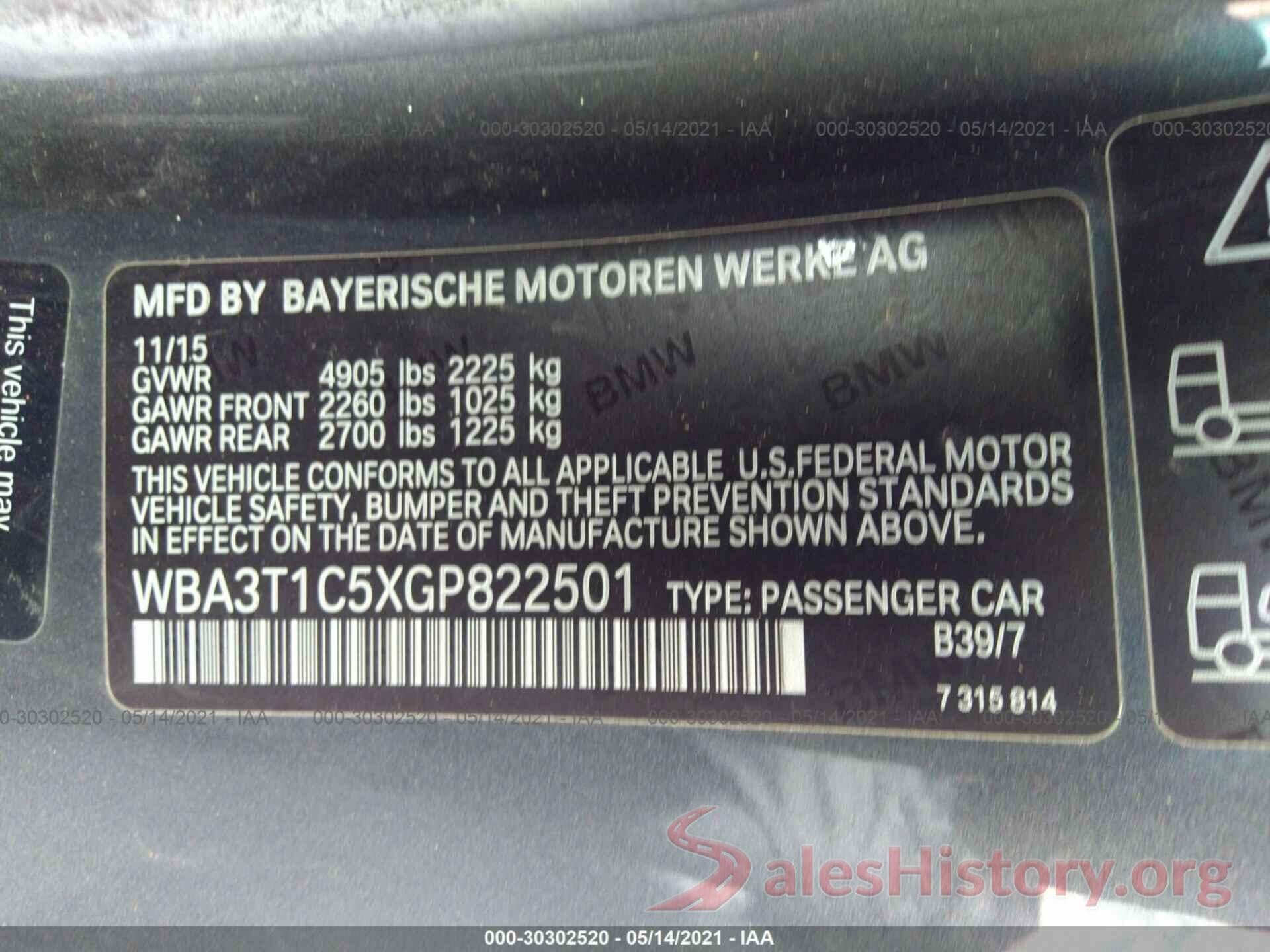 WBA3T1C5XGP822501 2016 BMW 4 SERIES