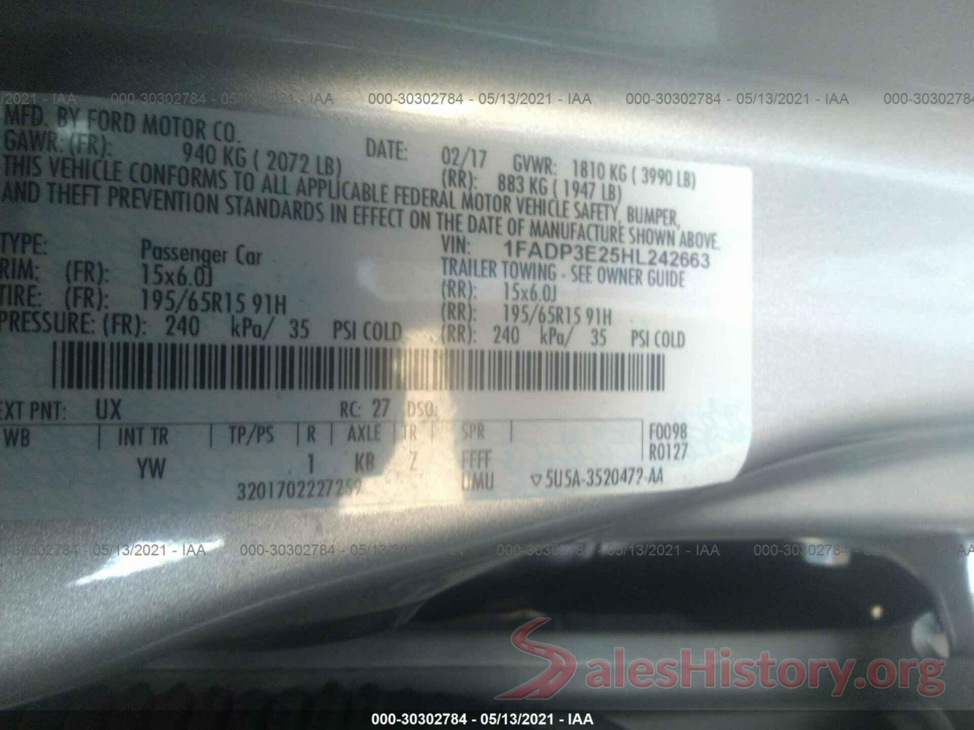 1FADP3E25HL242663 2017 FORD FOCUS