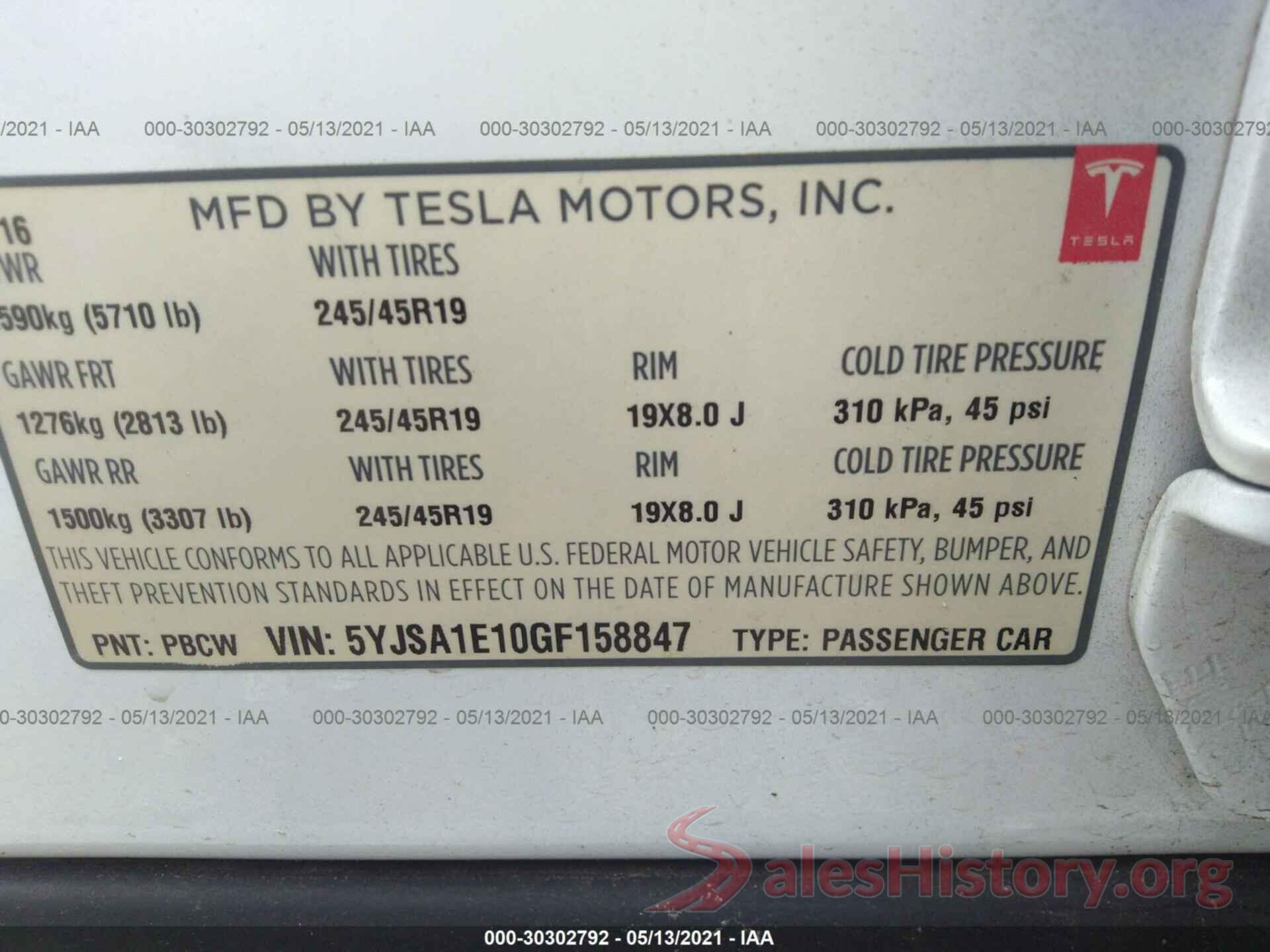 5YJSA1E10GF158847 2016 TESLA MODEL S