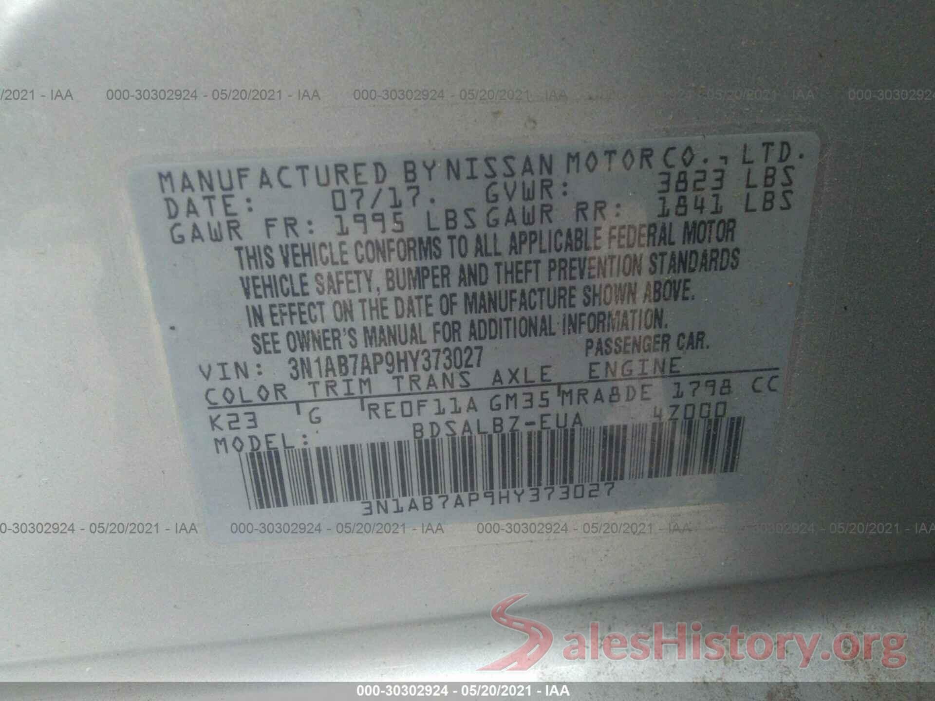 3N1AB7AP9HY373027 2017 NISSAN SENTRA