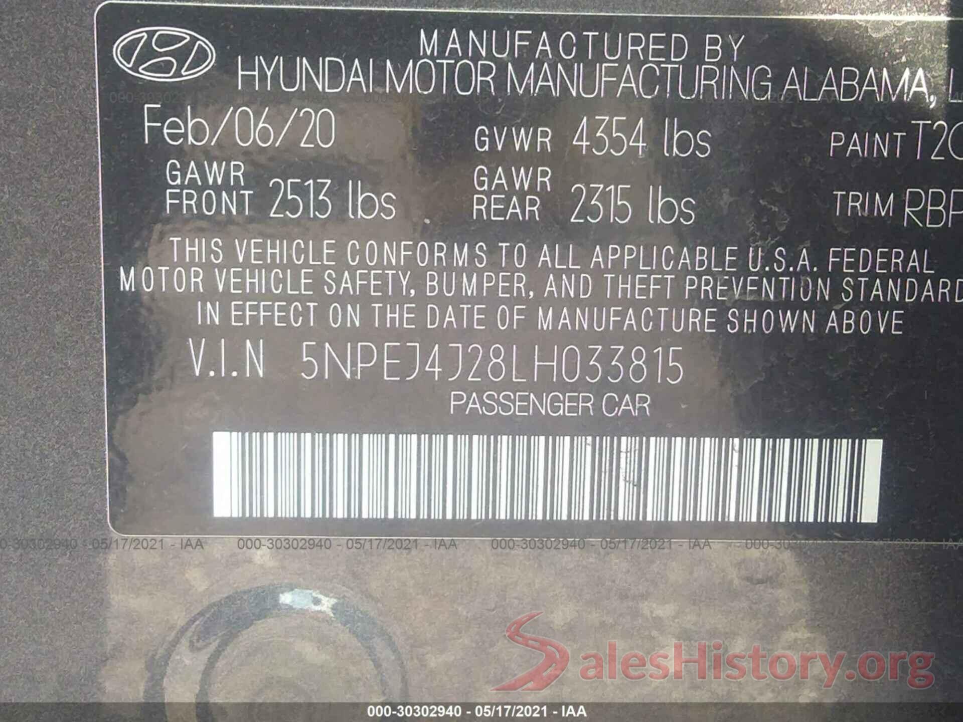 5NPEJ4J28LH033815 2020 HYUNDAI SONATA