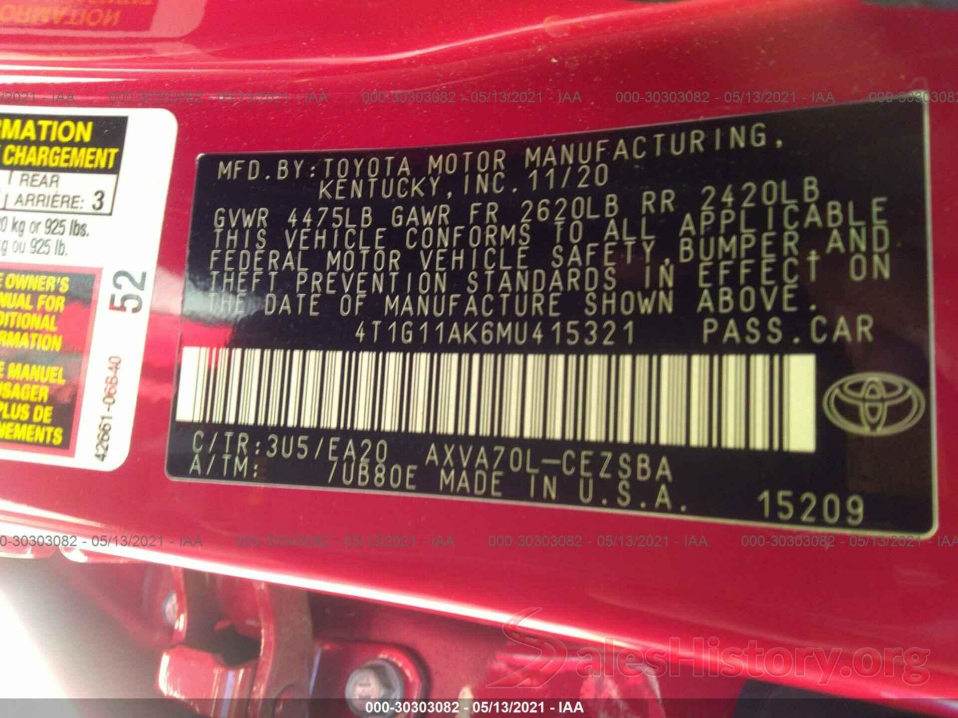 4T1G11AK6MU415321 2021 TOYOTA CAMRY