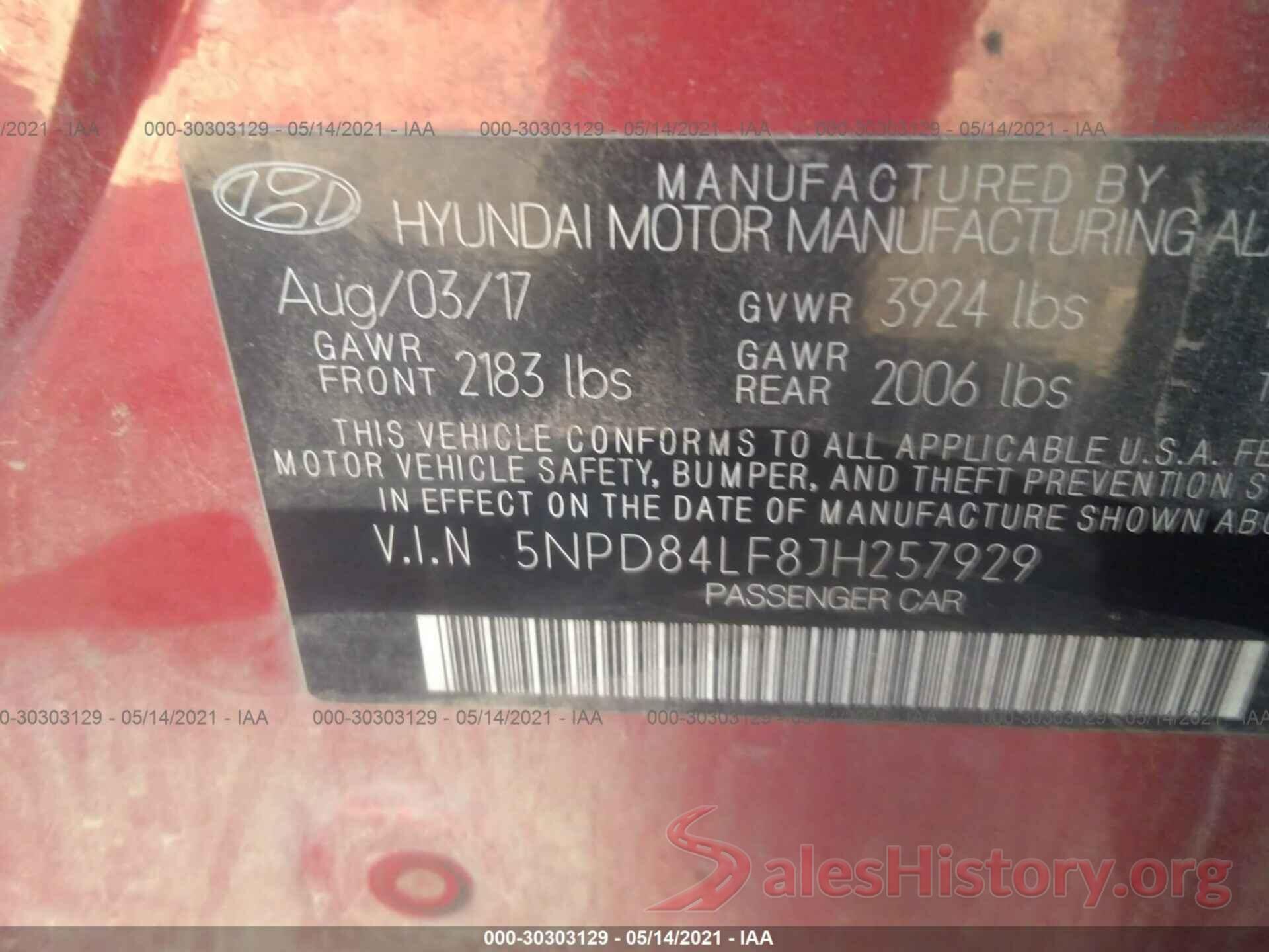 5NPD84LF8JH257929 2018 HYUNDAI ELANTRA