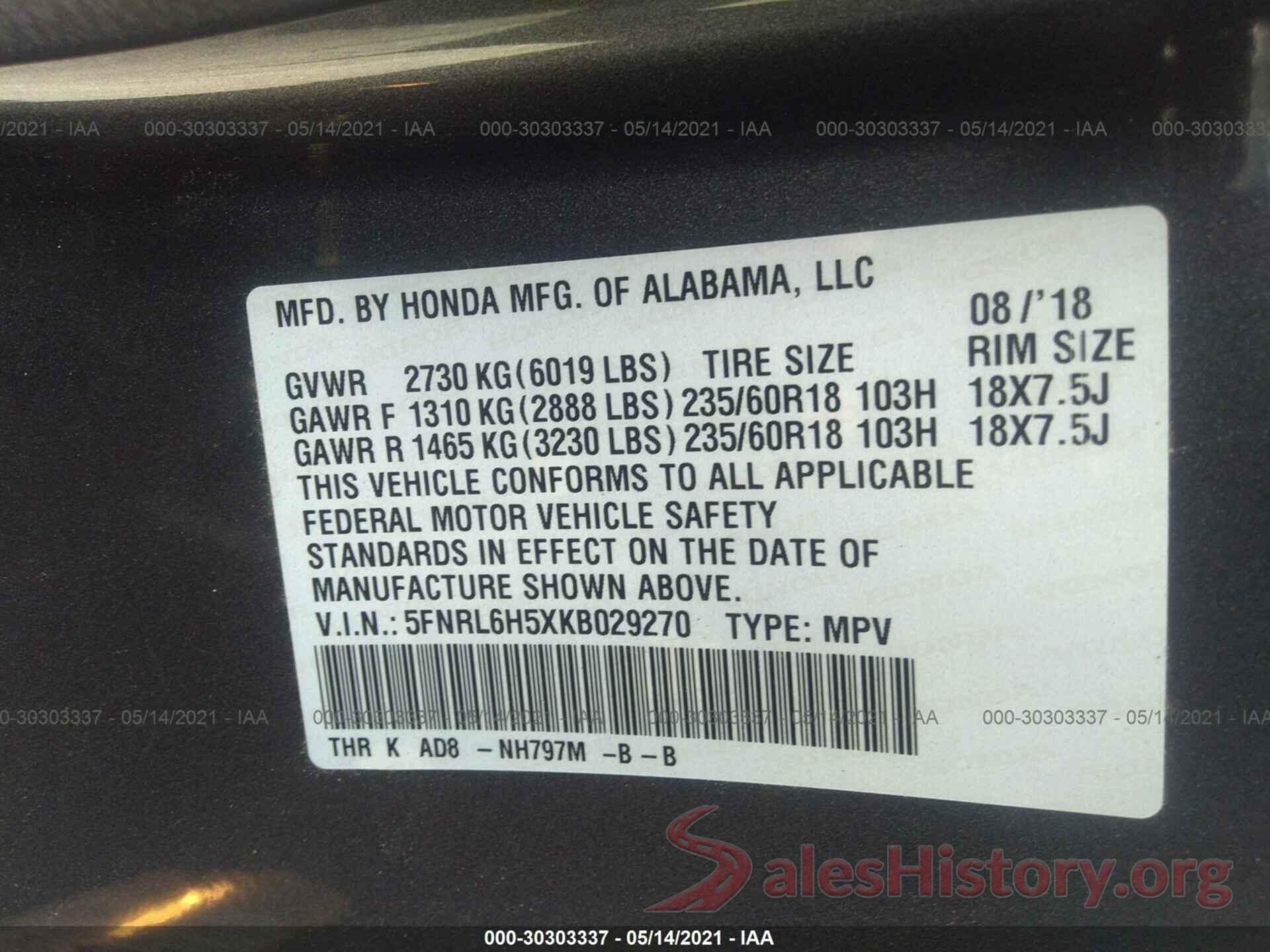 5FNRL6H5XKB029270 2019 HONDA ODYSSEY