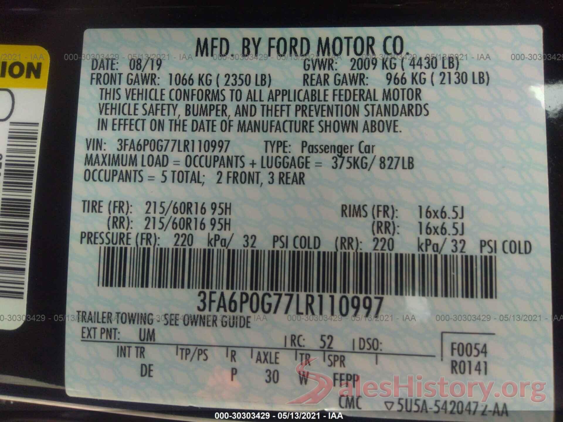 3FA6P0G77LR110997 2020 FORD FUSION