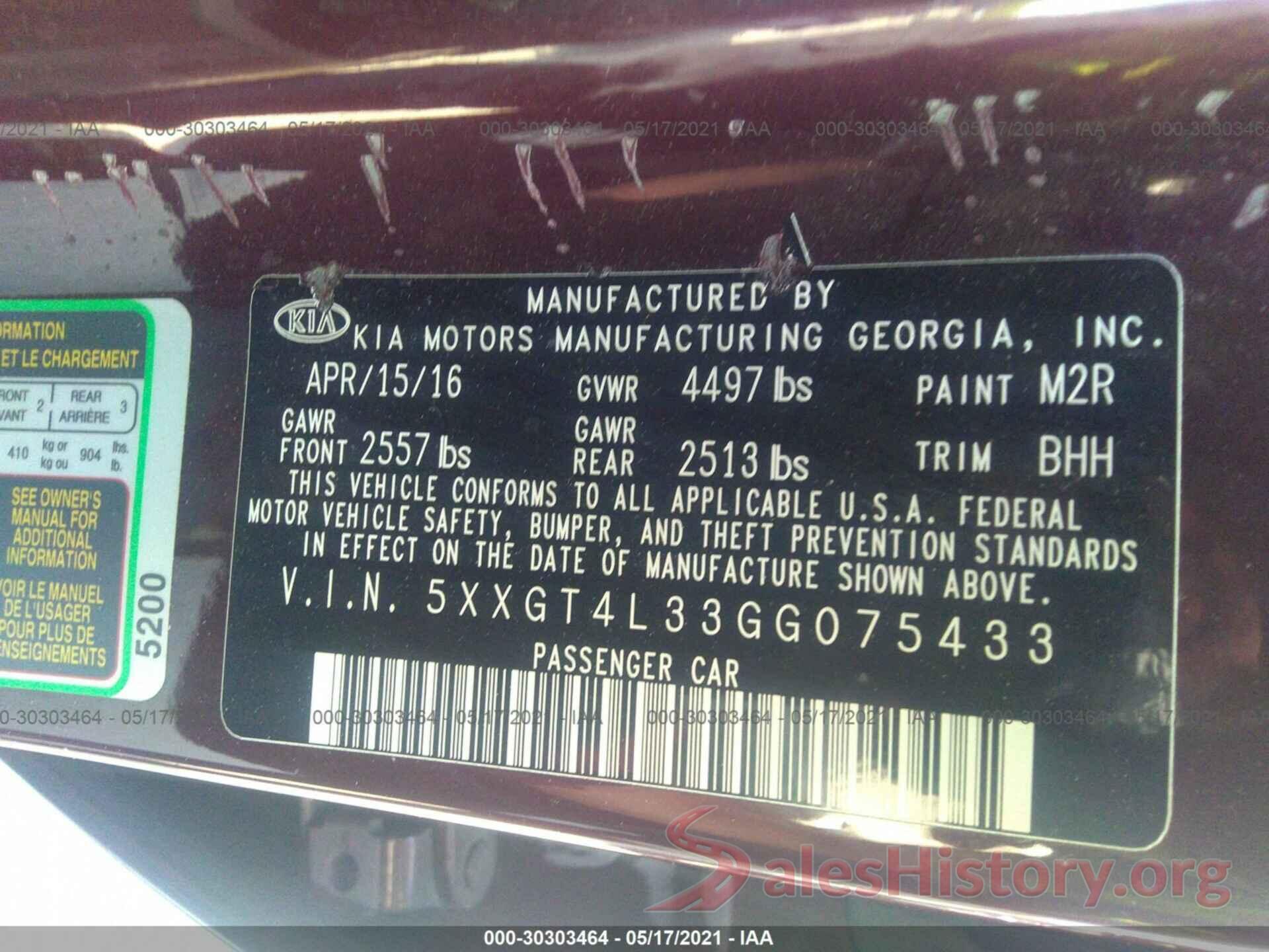 5XXGT4L33GG075433 2016 KIA OPTIMA