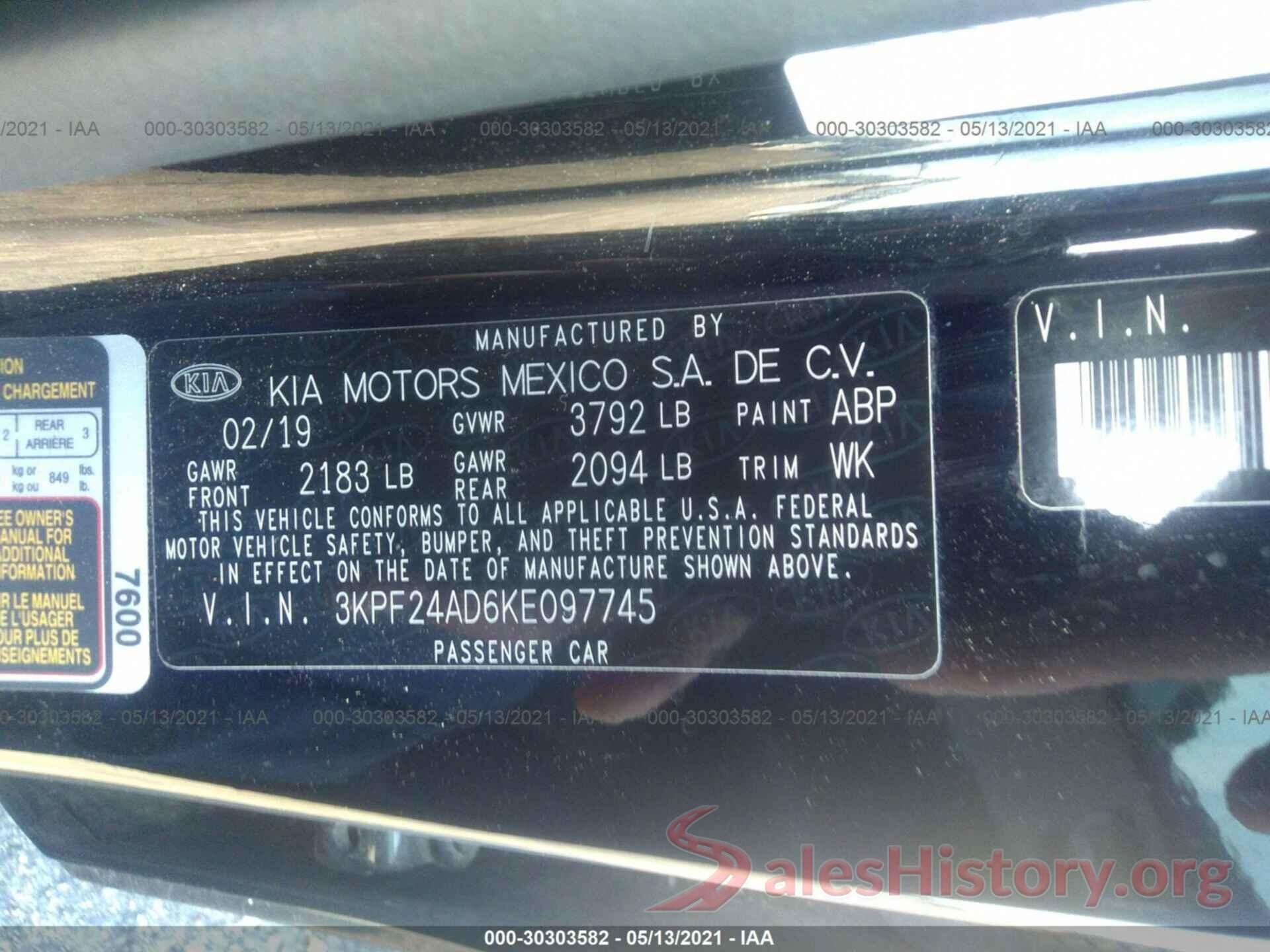 3KPF24AD6KE097745 2019 KIA FORTE