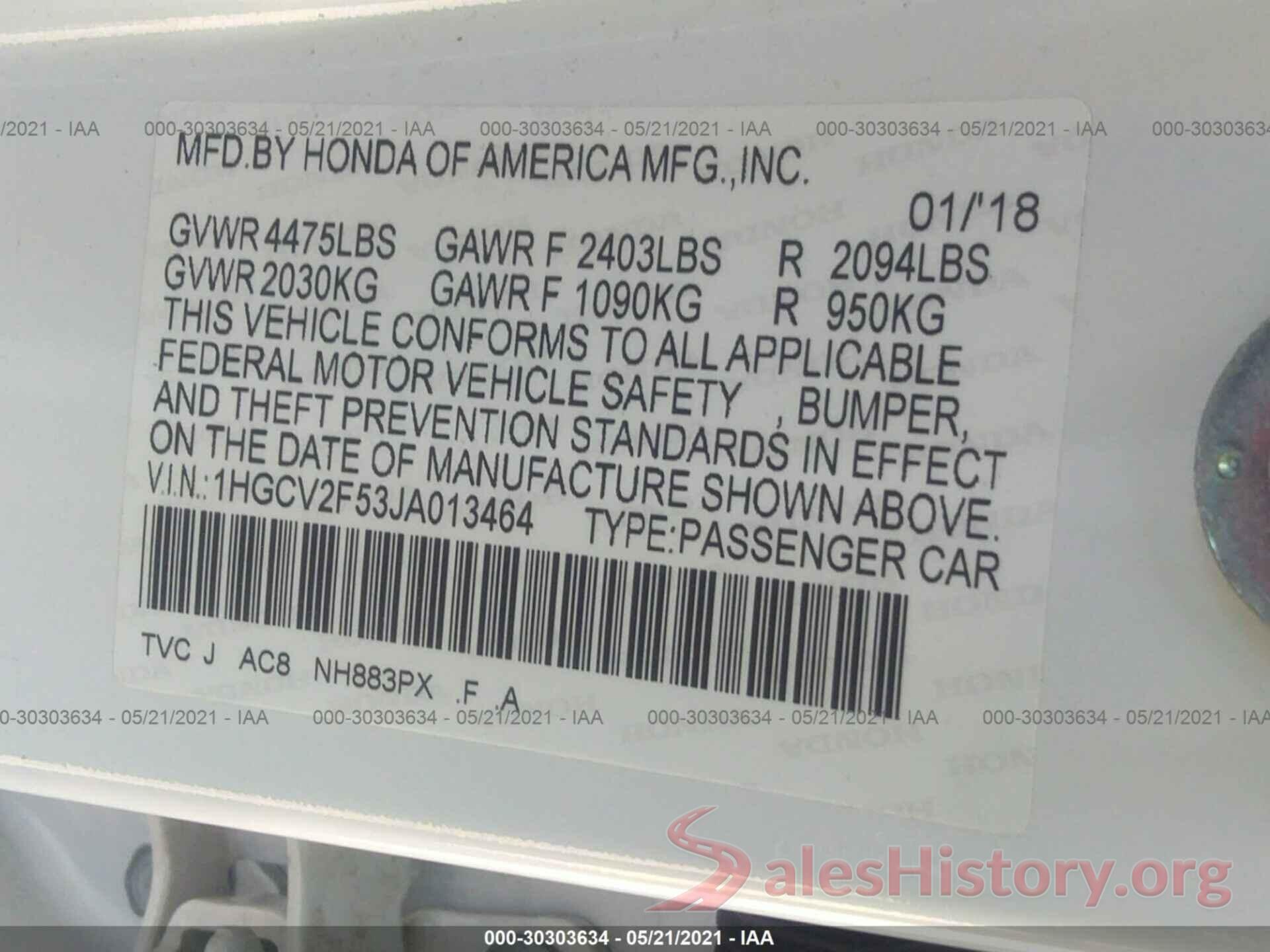 1HGCV2F53JA013464 2018 HONDA ACCORD SEDAN