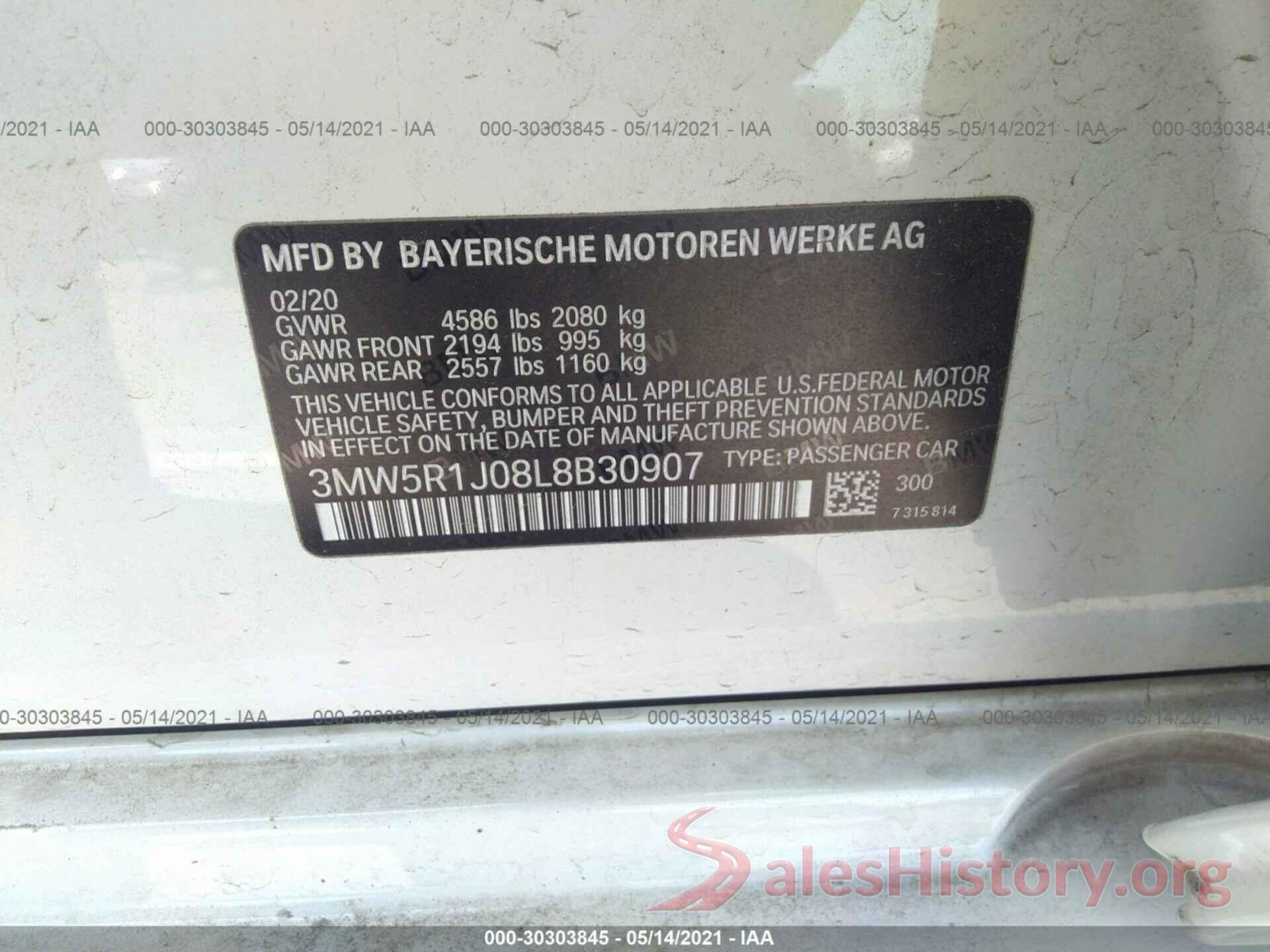 3MW5R1J08L8B30907 2020 BMW 3 SERIES