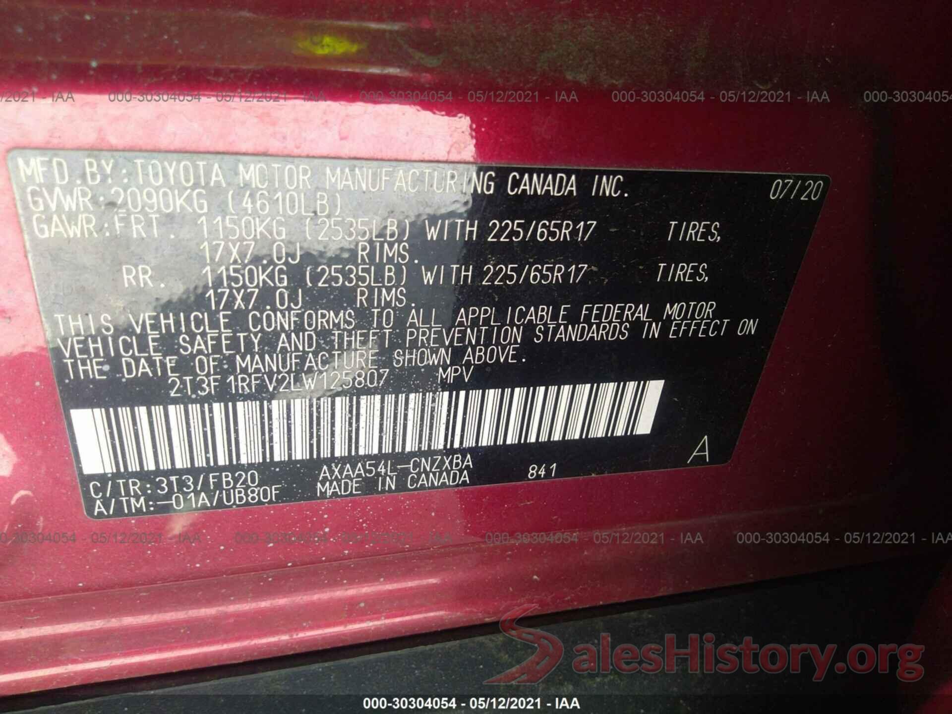 2T3F1RFV2LW125807 2020 TOYOTA RAV4