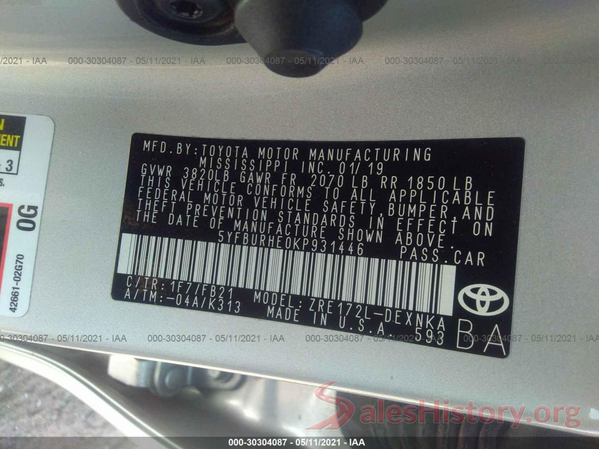 5YFBURHE0KP931446 2019 TOYOTA COROLLA