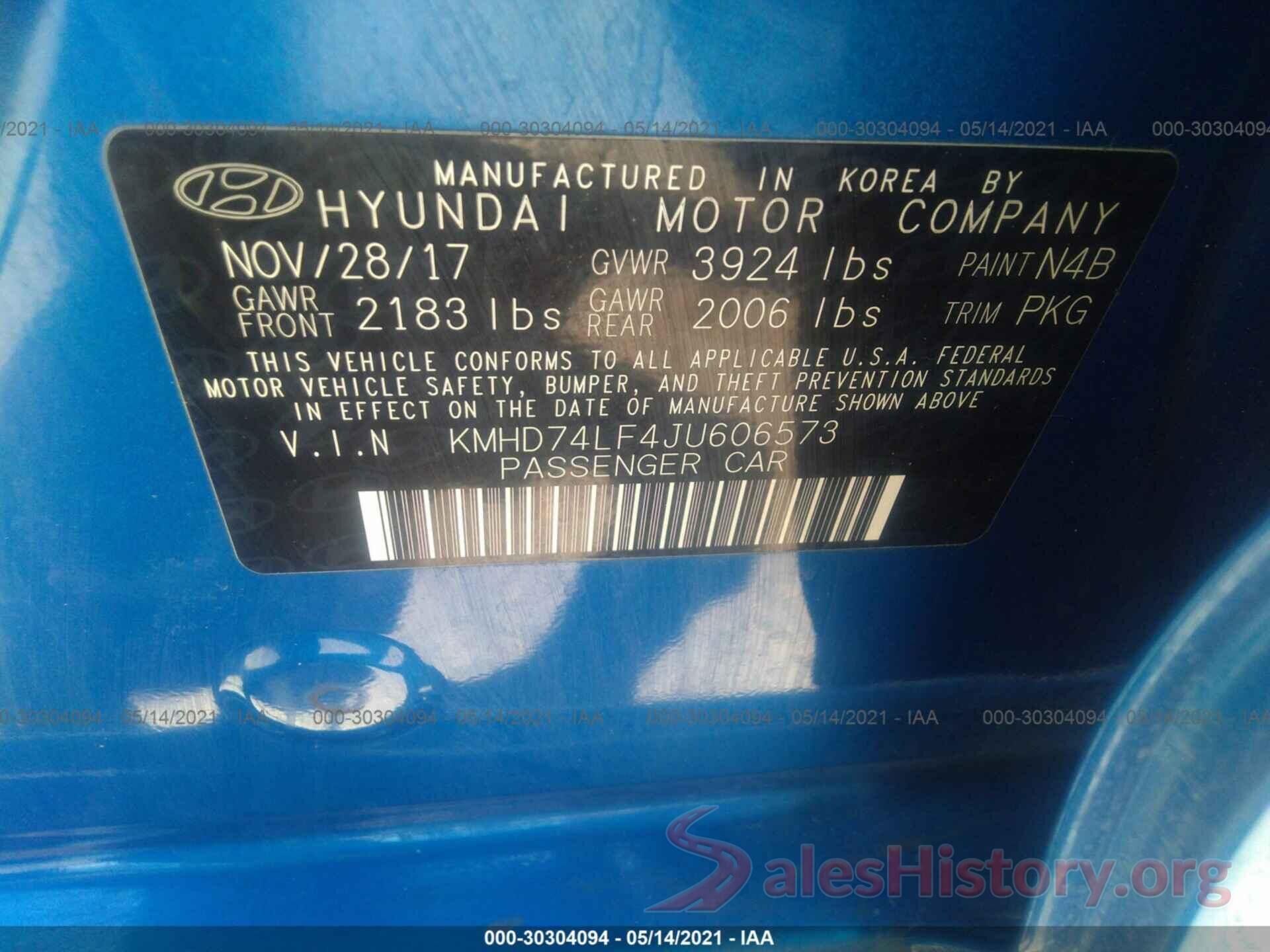 KMHD74LF4JU606573 2018 HYUNDAI ELANTRA