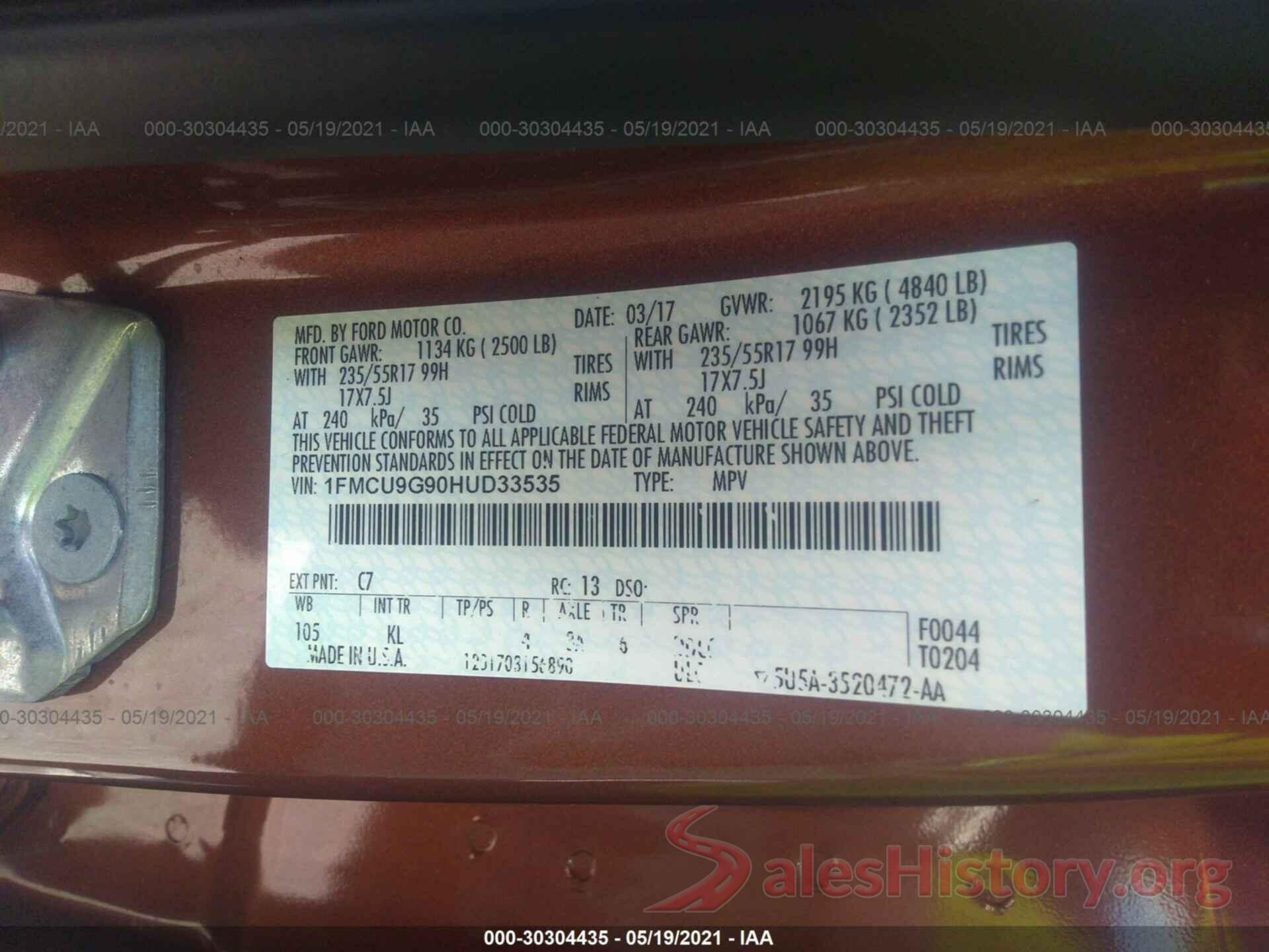 1FMCU9G90HUD33535 2017 FORD ESCAPE