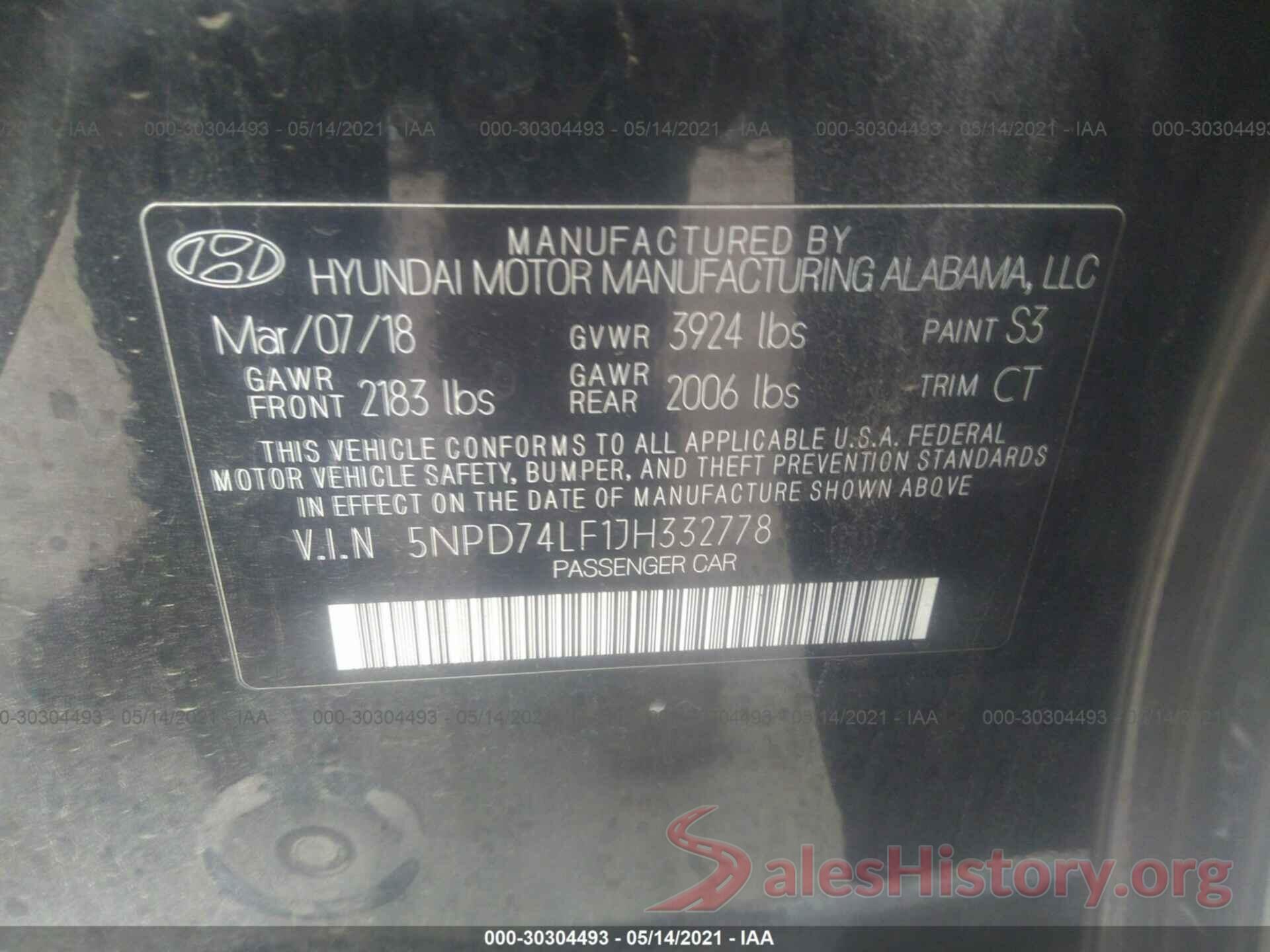 5NPD74LF1JH332778 2018 HYUNDAI ELANTRA