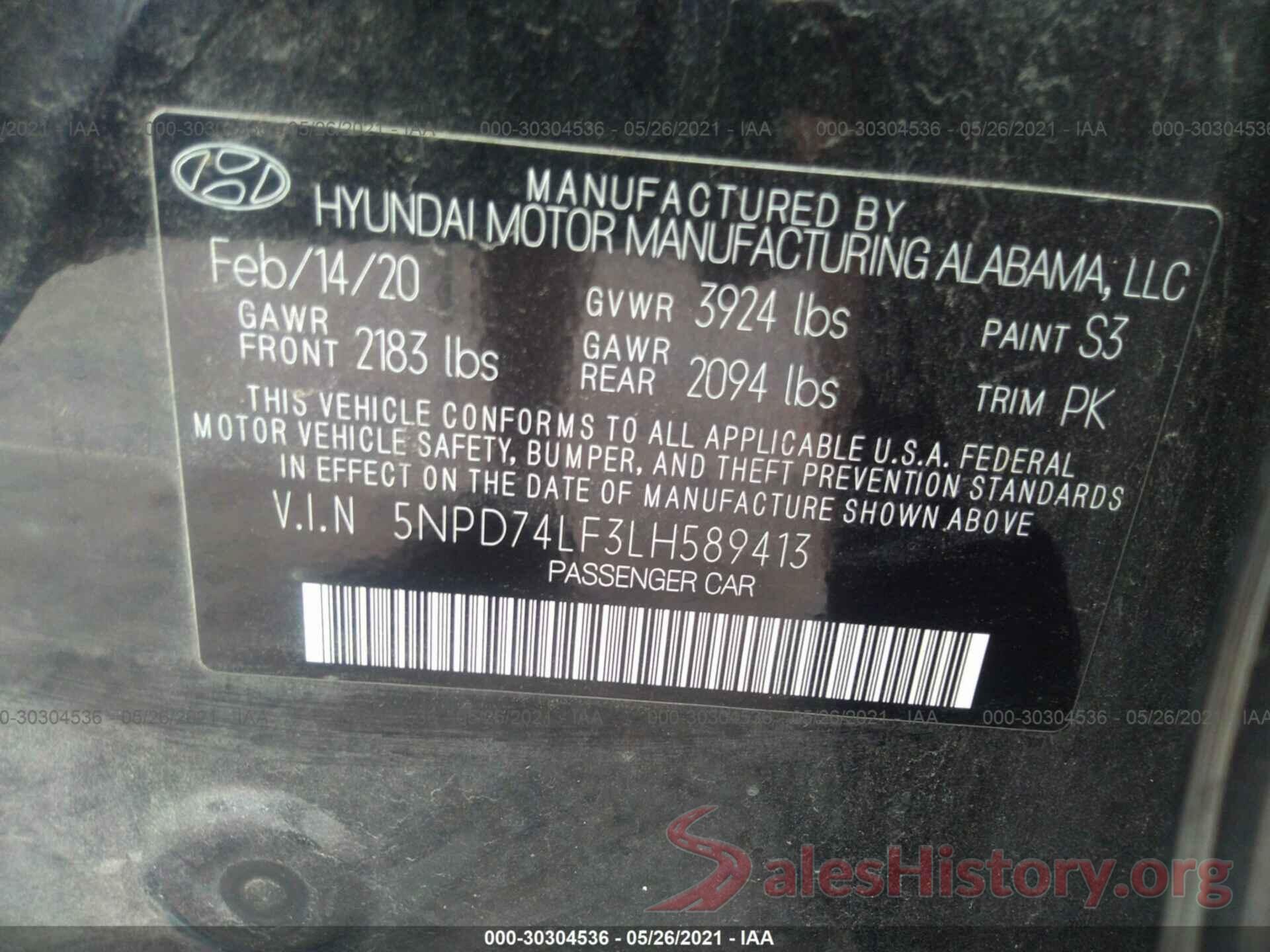 5NPD74LF3LH589413 2020 HYUNDAI ELANTRA