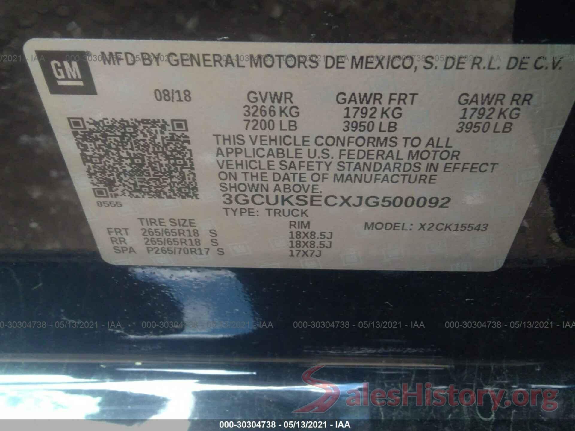 3GCUKSECXJG500092 2018 CHEVROLET SILVERADO 1500