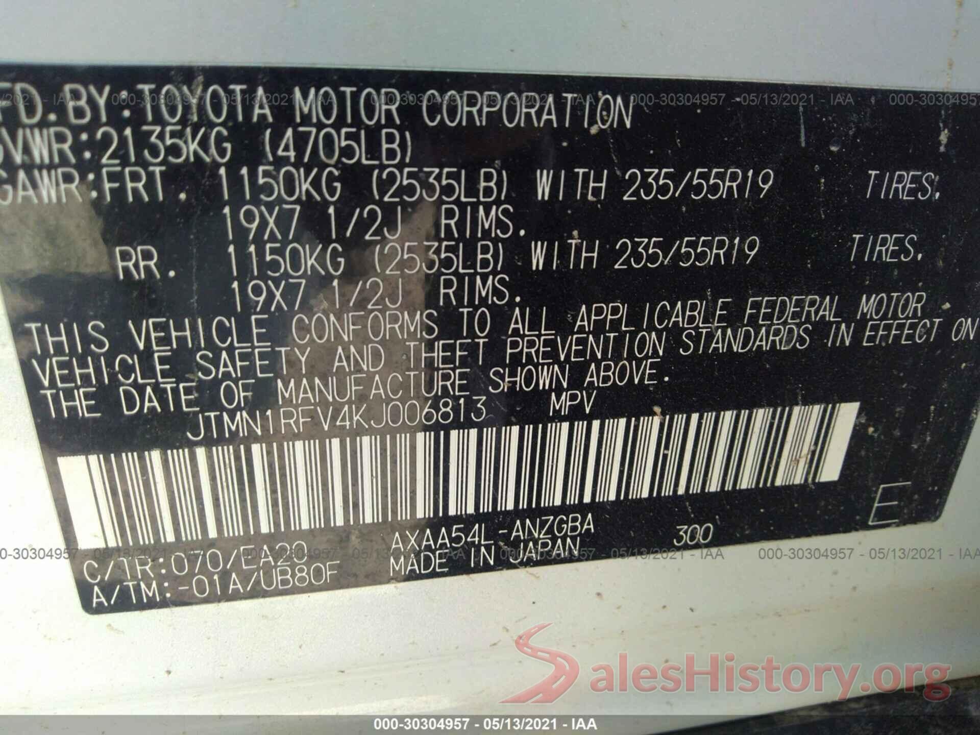 JTMN1RFV4KJ006813 2019 TOYOTA RAV4