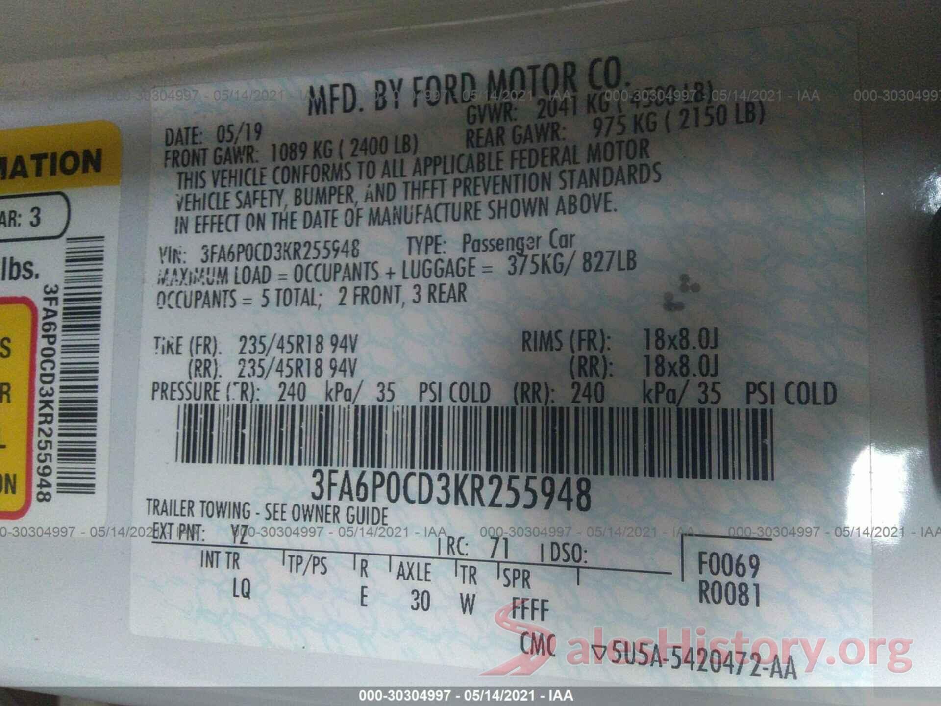 3FA6P0CD3KR255948 2019 FORD FUSION