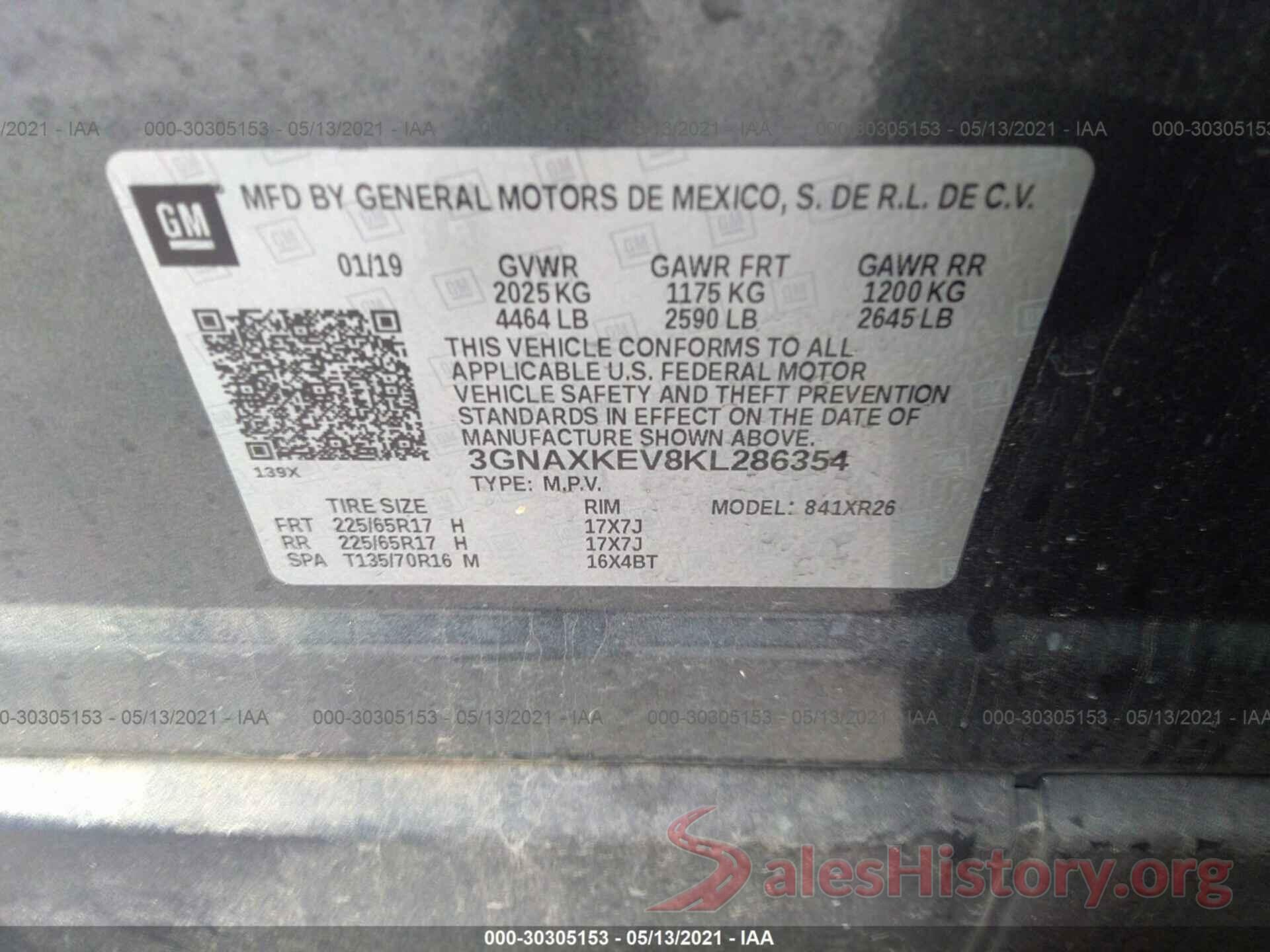 3GNAXKEV8KL286354 2019 CHEVROLET EQUINOX