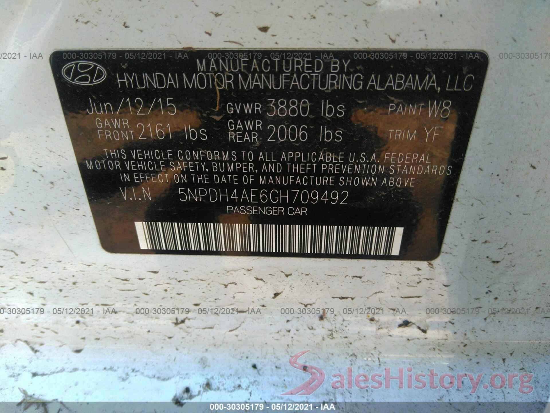 5NPDH4AE6GH709492 2016 HYUNDAI ELANTRA