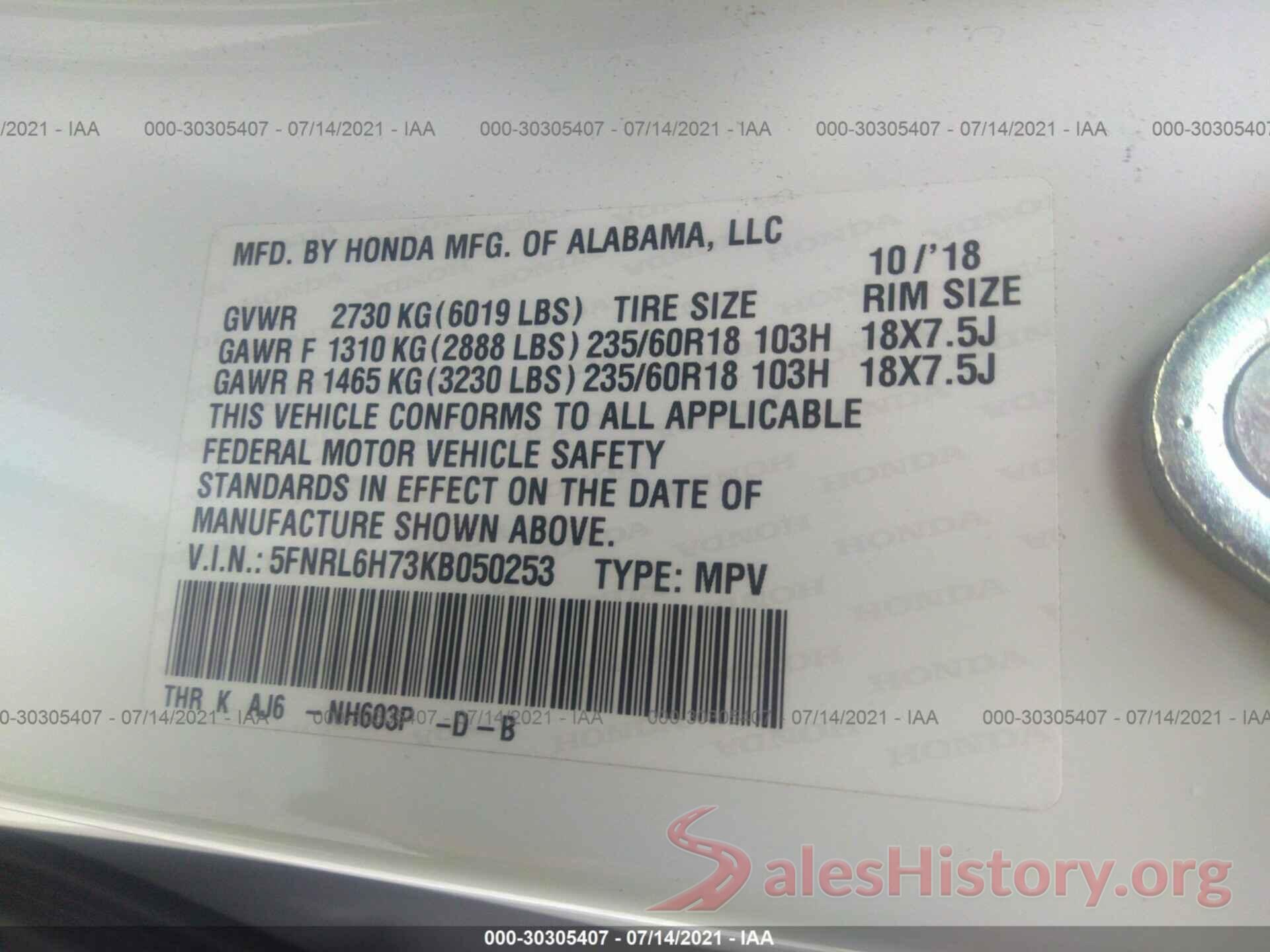 5FNRL6H73KB050253 2019 HONDA ODYSSEY