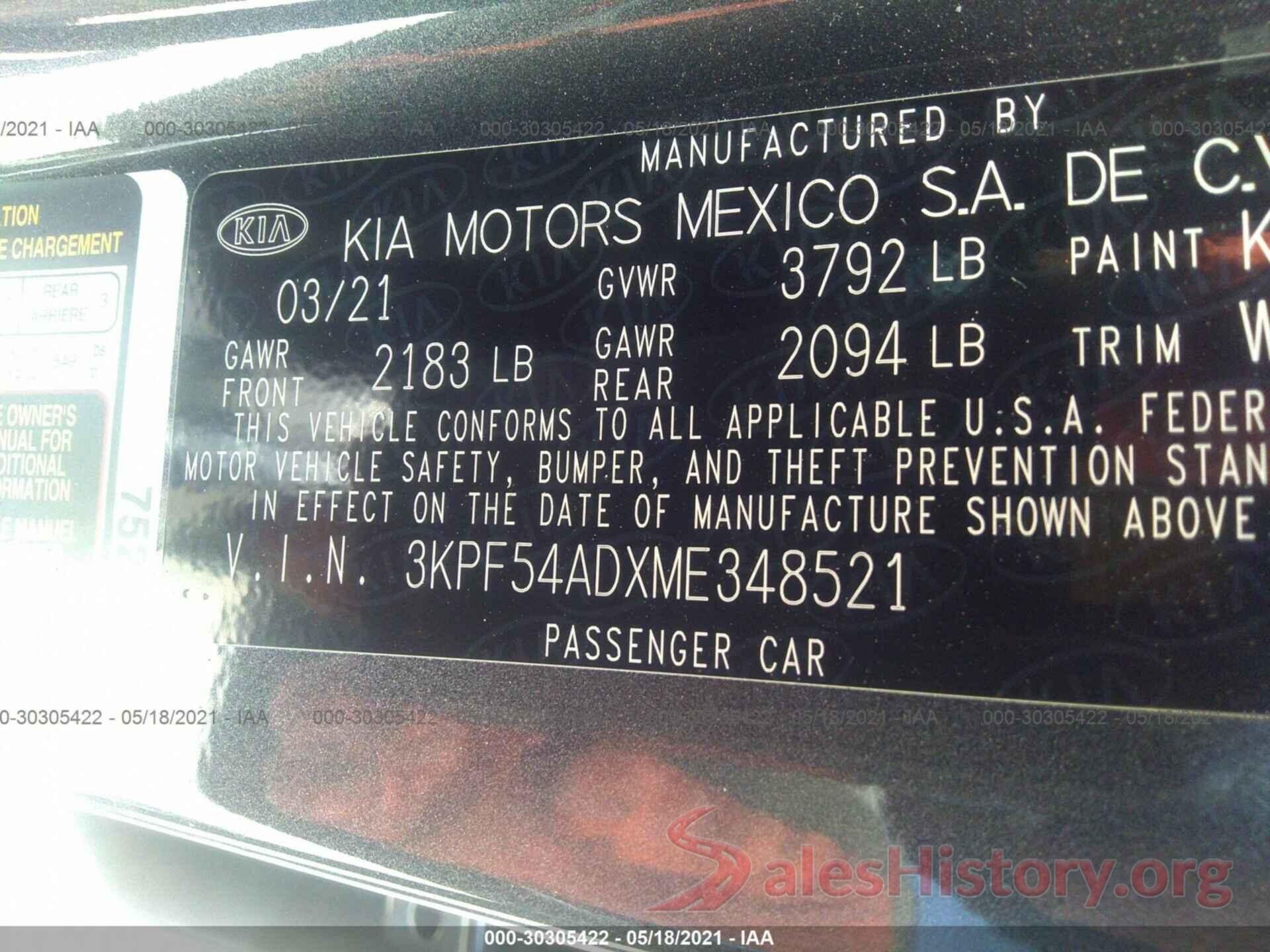 3KPF54ADXME348521 2021 KIA FORTE