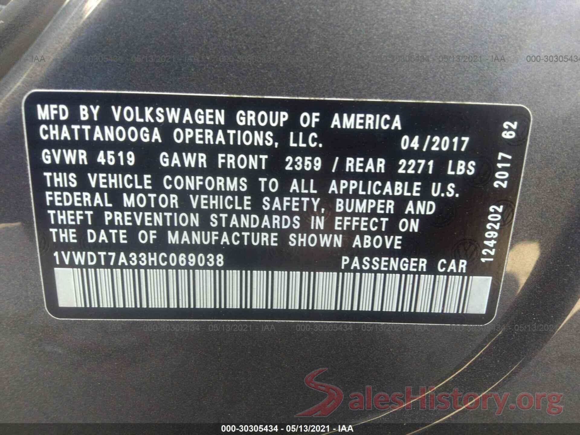 1VWDT7A33HC069038 2017 VOLKSWAGEN PASSAT