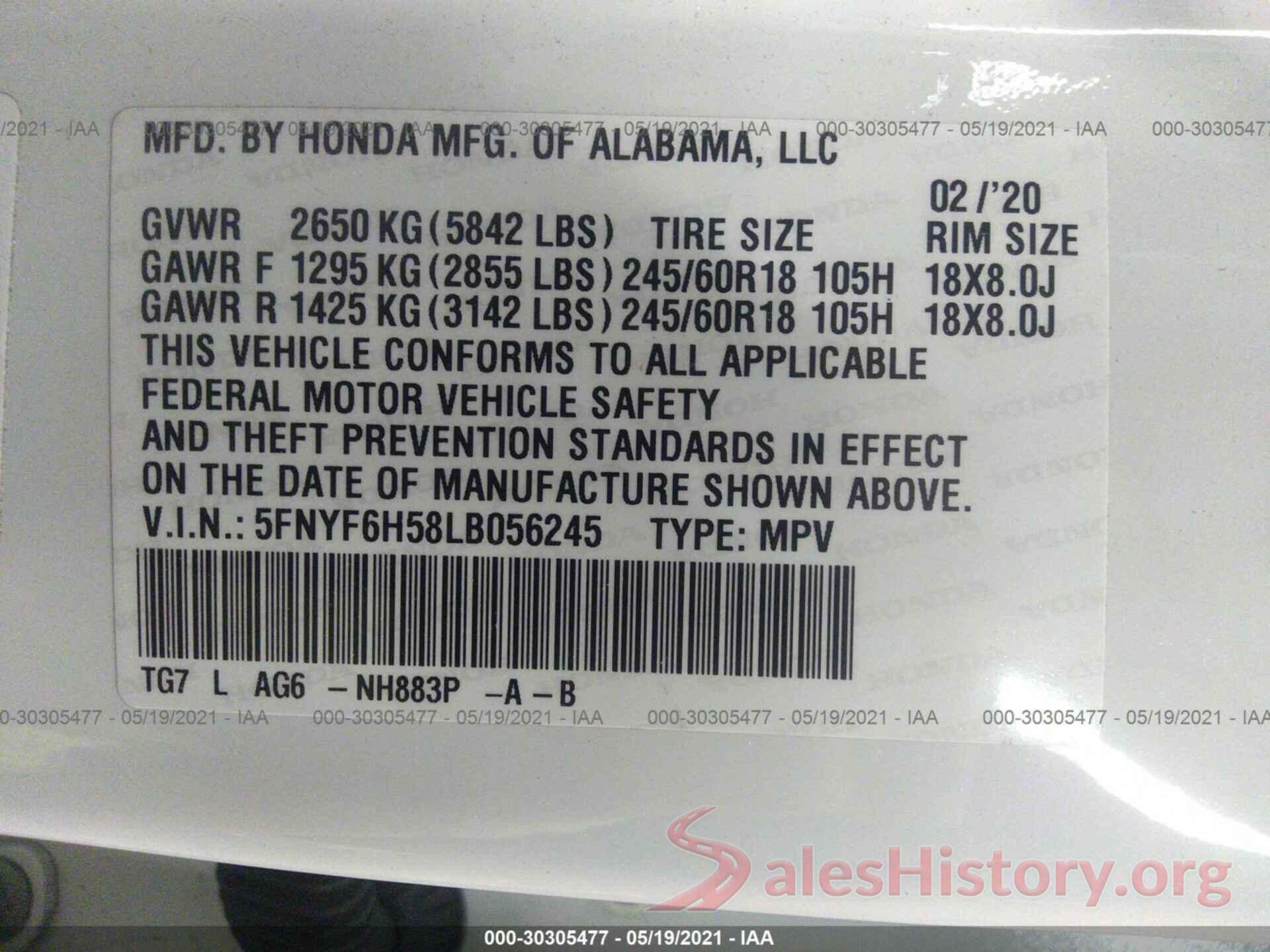 5FNYF6H58LB056245 2020 HONDA PILOT