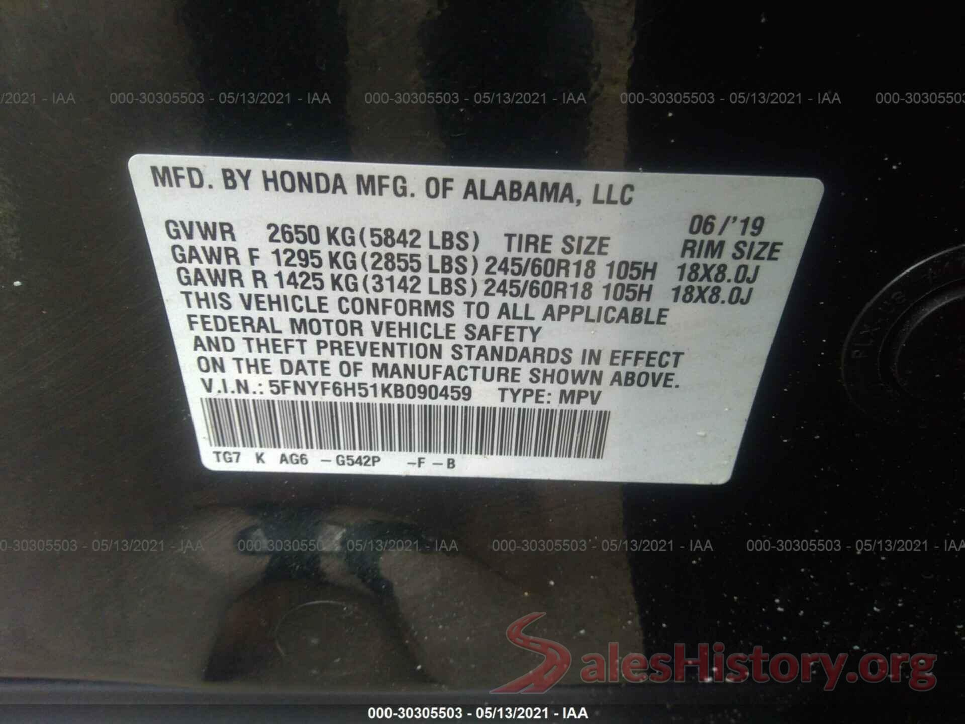 5FNYF6H51KB090459 2019 HONDA PILOT