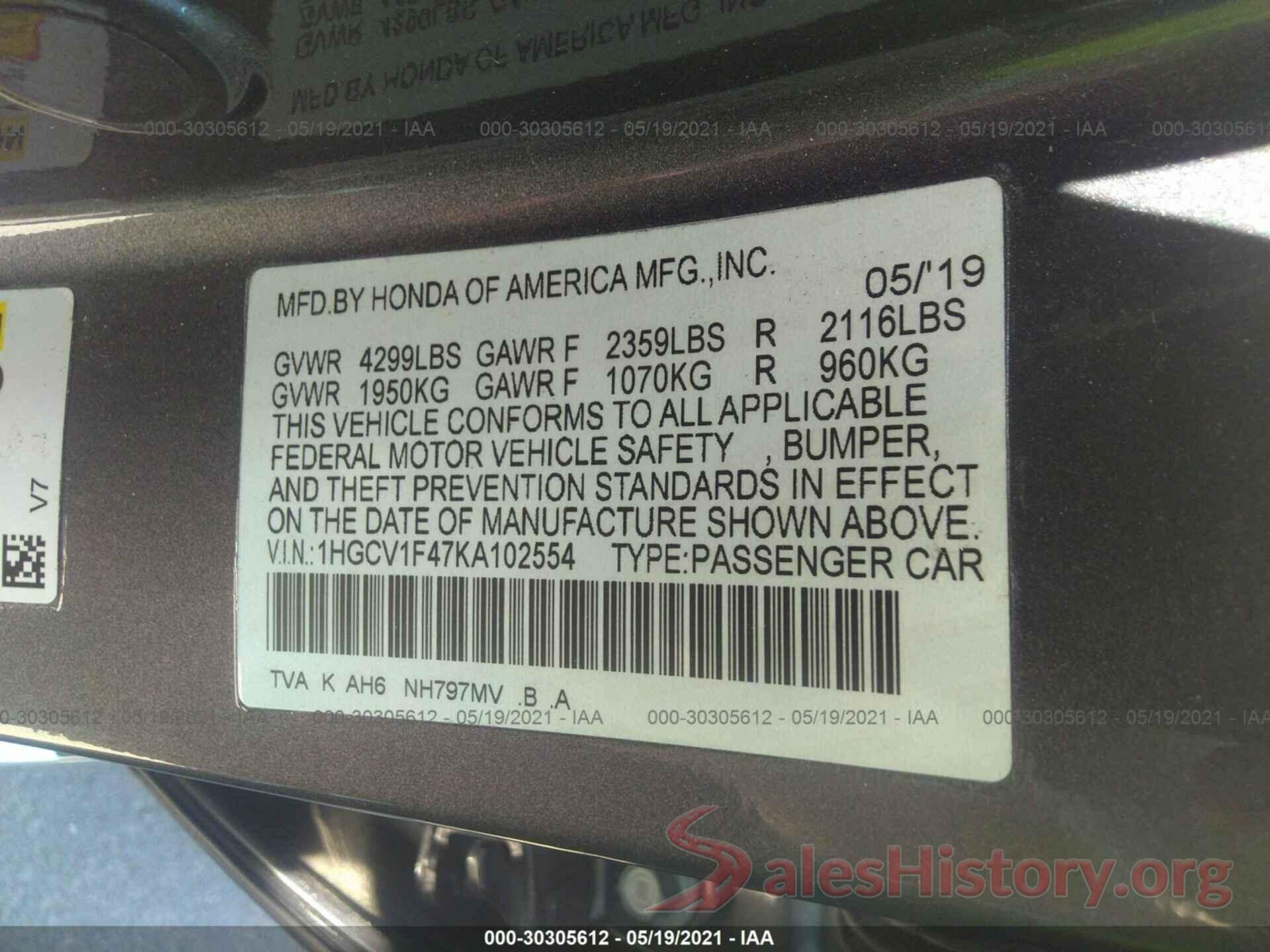 1HGCV1F47KA102554 2019 HONDA ACCORD SEDAN