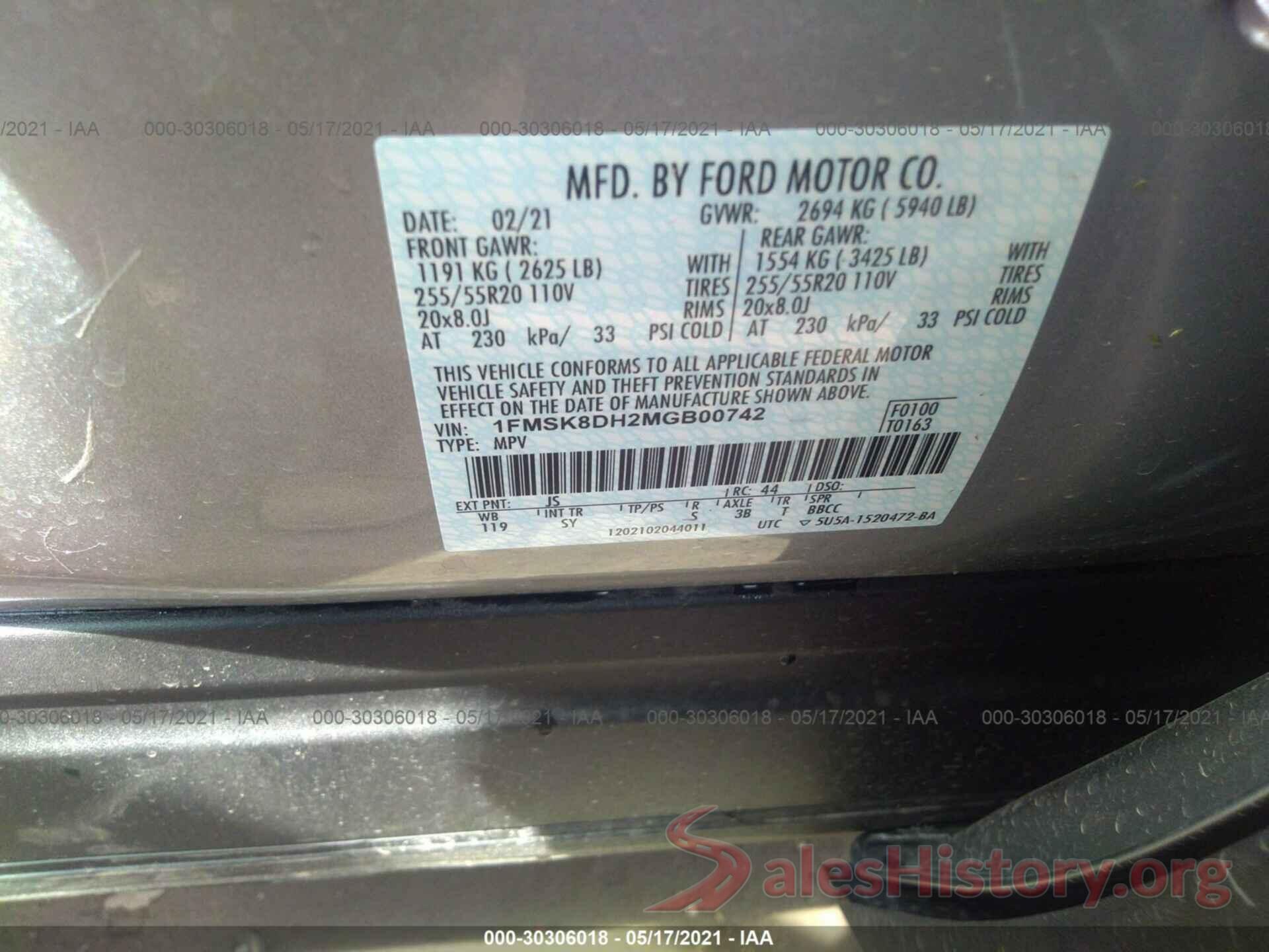 1FMSK8DH2MGB00742 2021 FORD EXPLORER