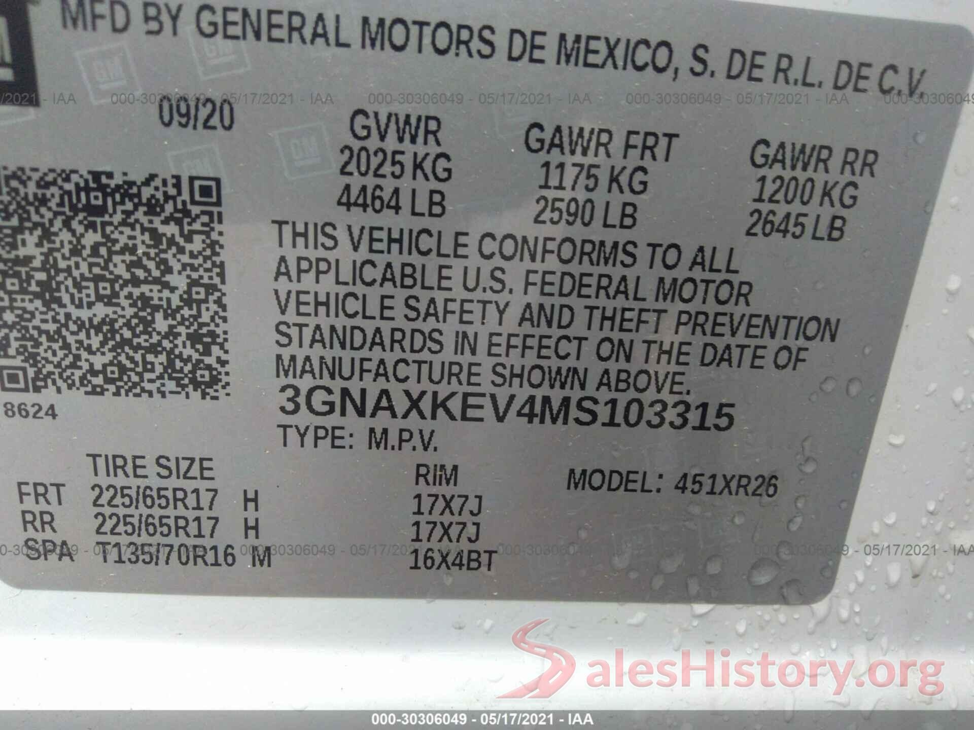 3GNAXKEV4MS103315 2021 CHEVROLET EQUINOX