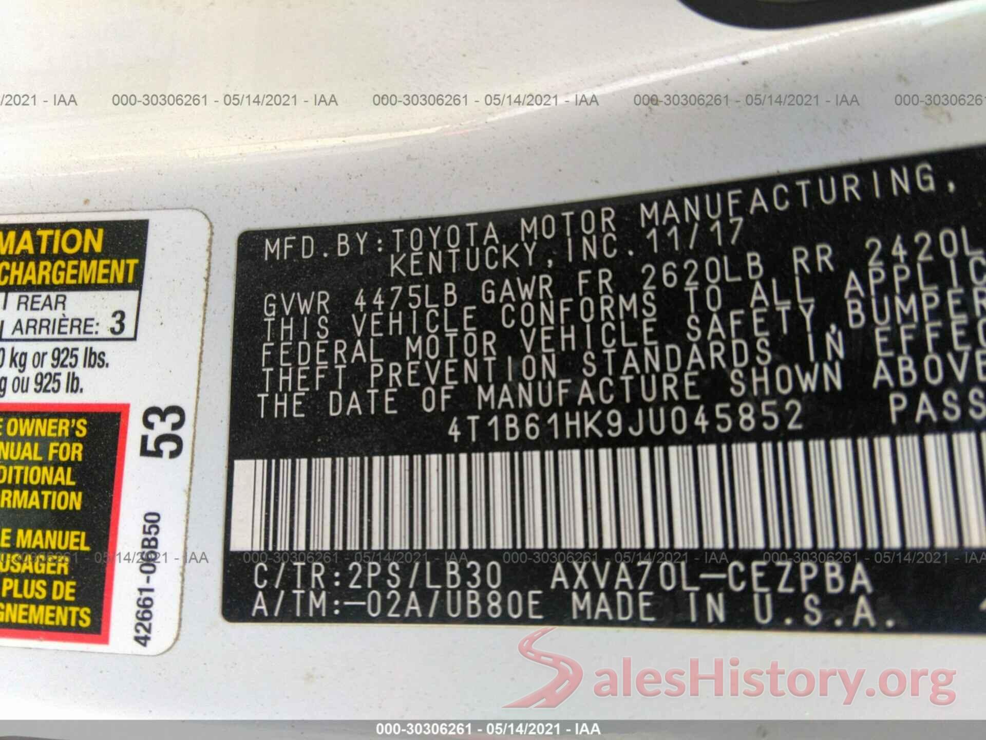 4T1B61HK9JU045852 2018 TOYOTA CAMRY