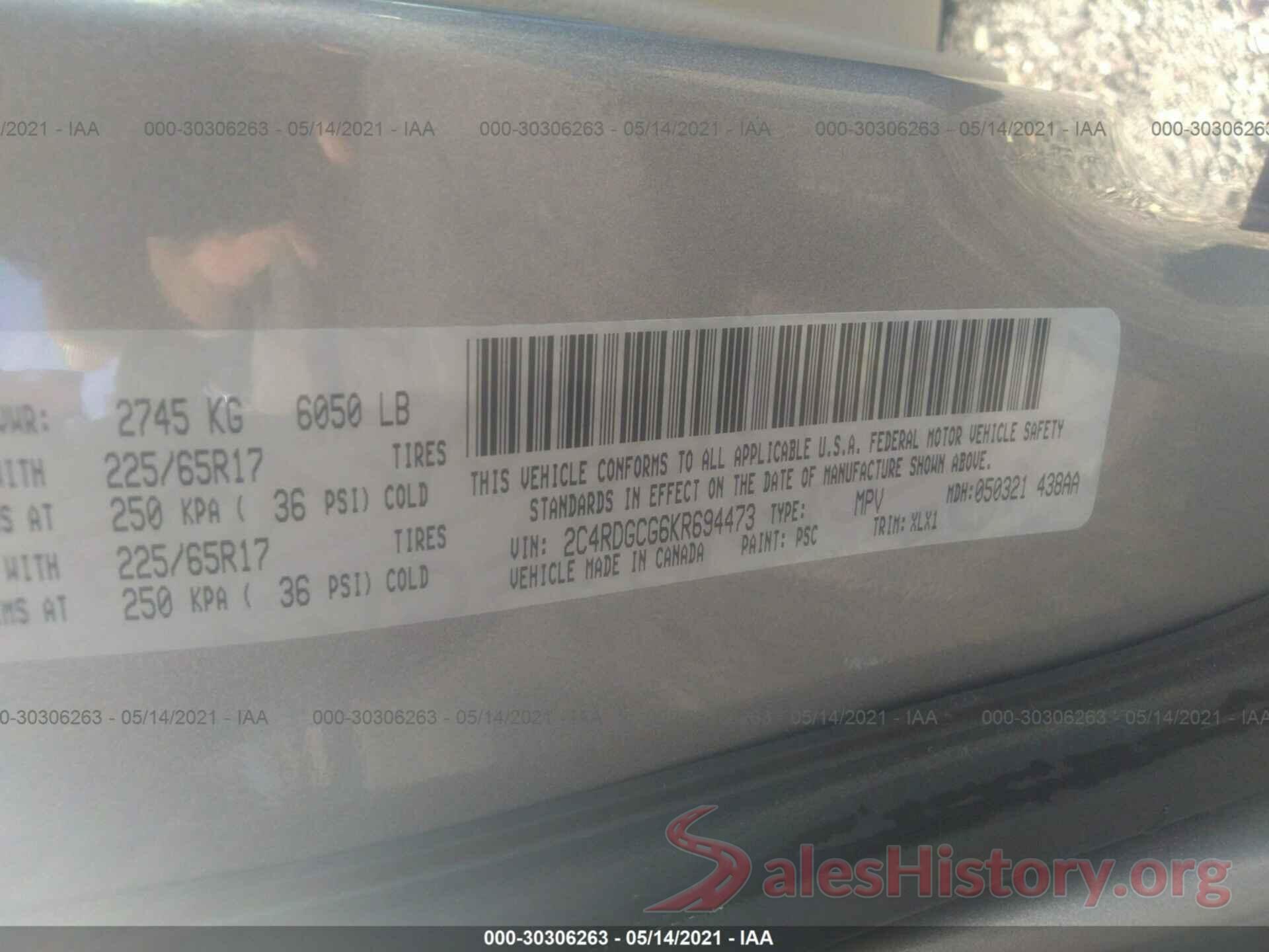 2C4RDGCG6KR694473 2019 DODGE GRAND CARAVAN