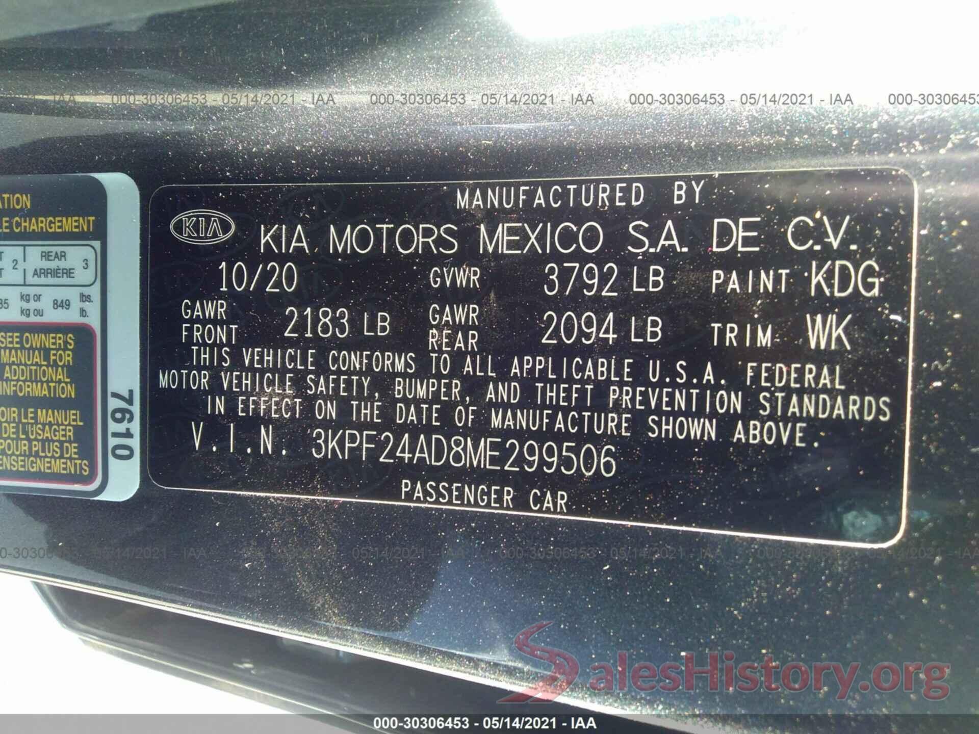 3KPF24AD8ME299506 2021 KIA FORTE