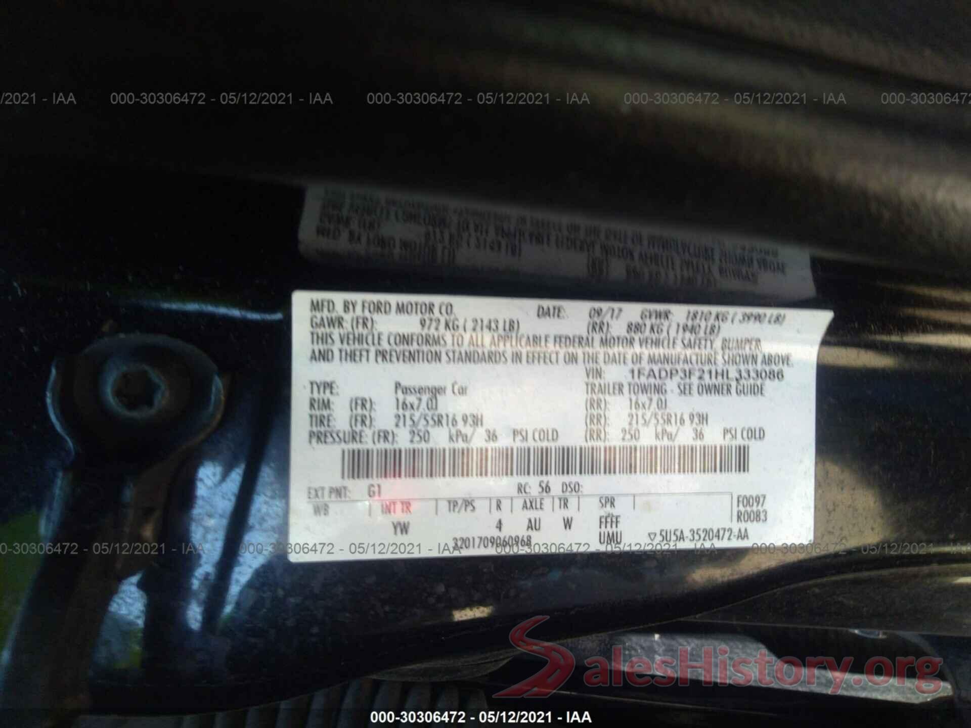 1FADP3F21HL333086 2017 FORD FOCUS