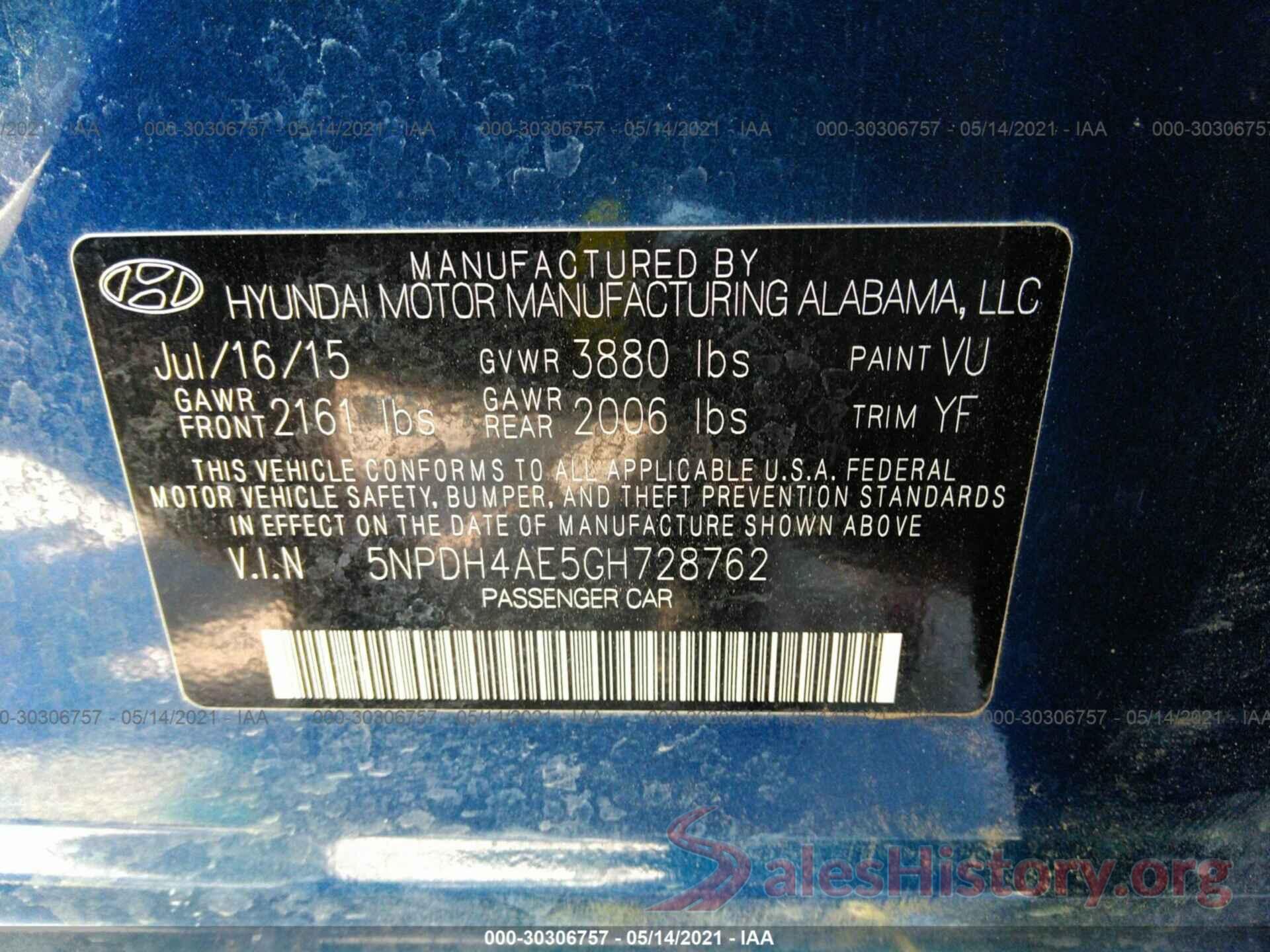 5NPDH4AE5GH728762 2016 HYUNDAI ELANTRA