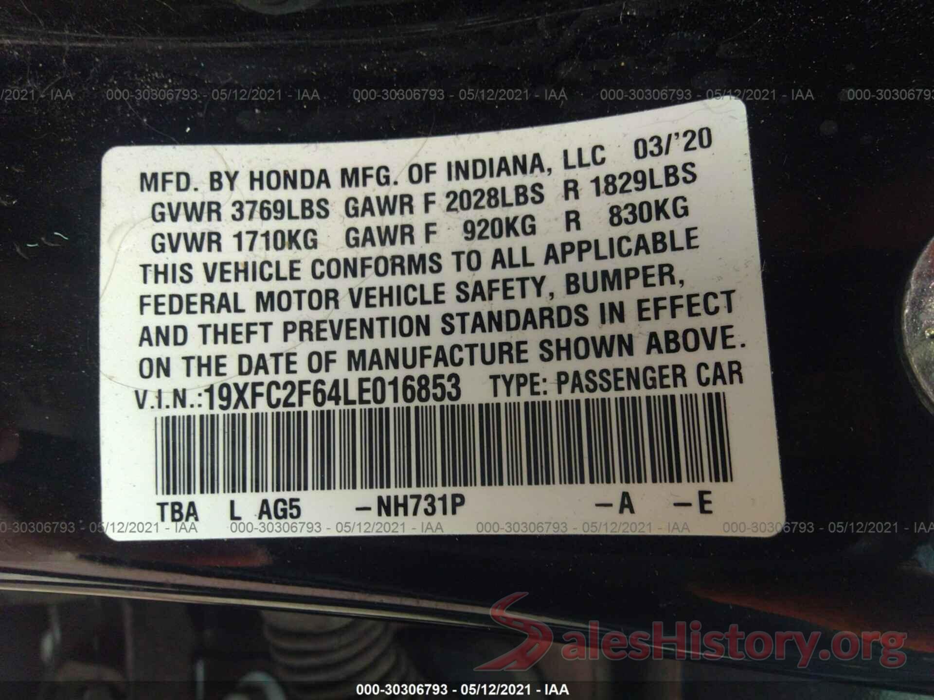 19XFC2F64LE016853 2020 HONDA CIVIC SEDAN