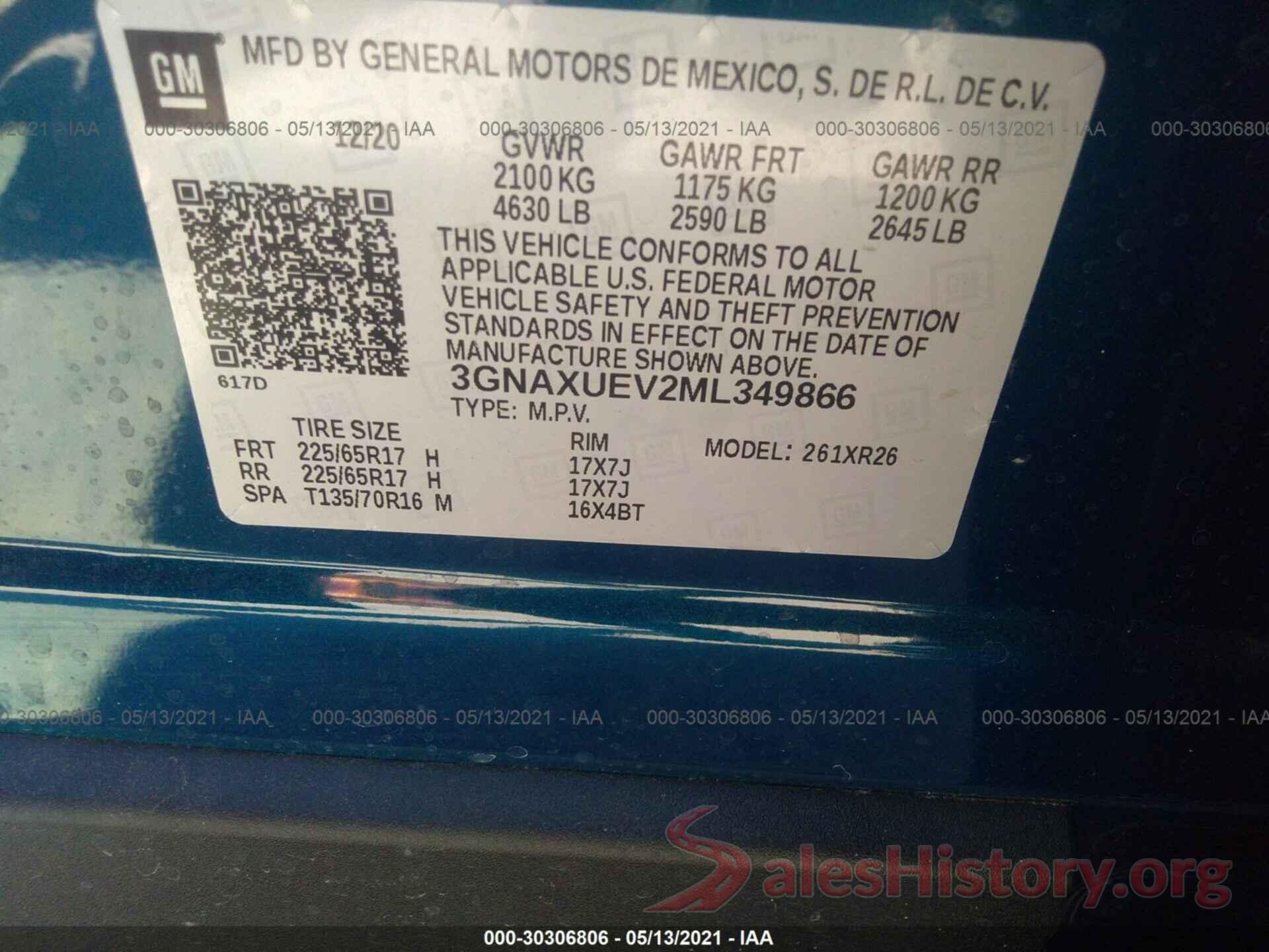 3GNAXUEV2ML349866 2021 CHEVROLET EQUINOX