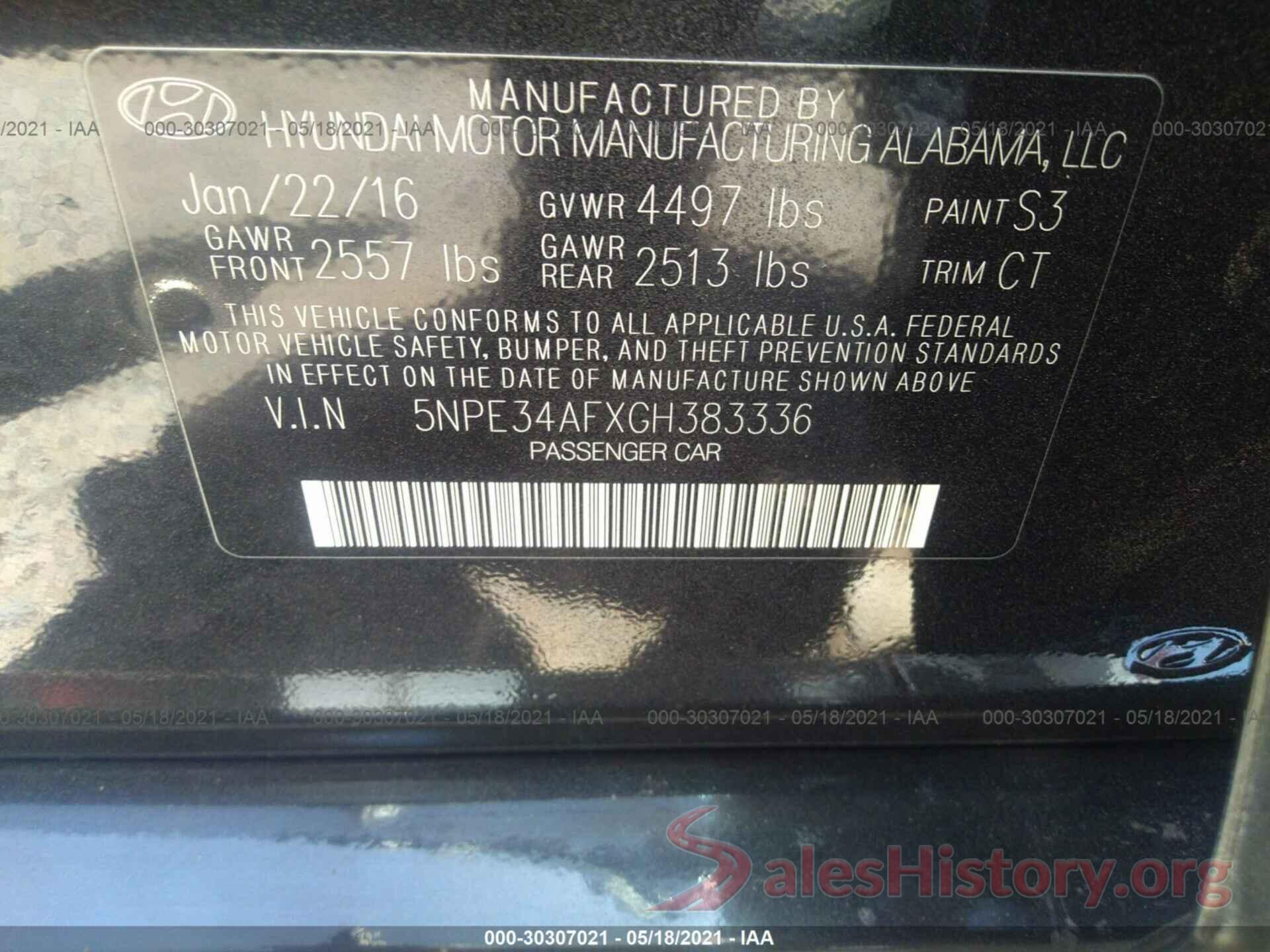 5NPE34AFXGH383336 2016 HYUNDAI SONATA