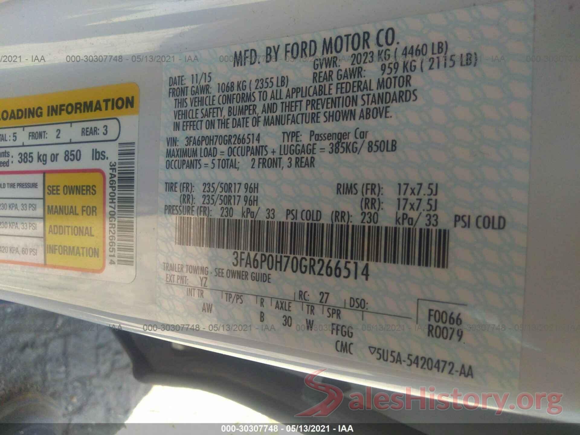 3FA6P0H70GR266514 2016 FORD FUSION