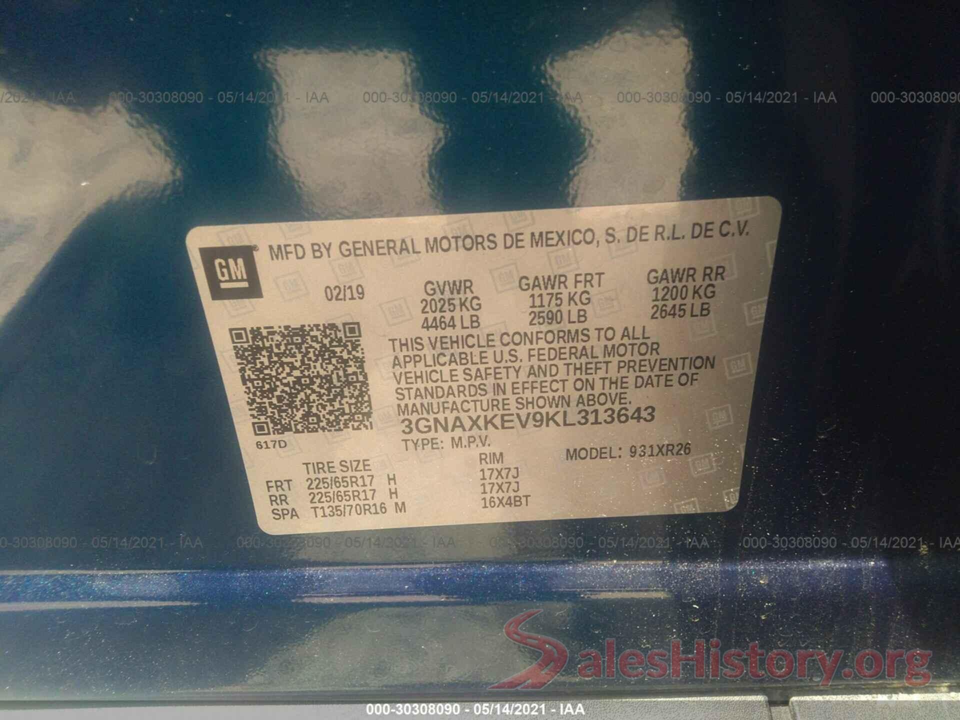 3GNAXKEV9KL313643 2019 CHEVROLET EQUINOX