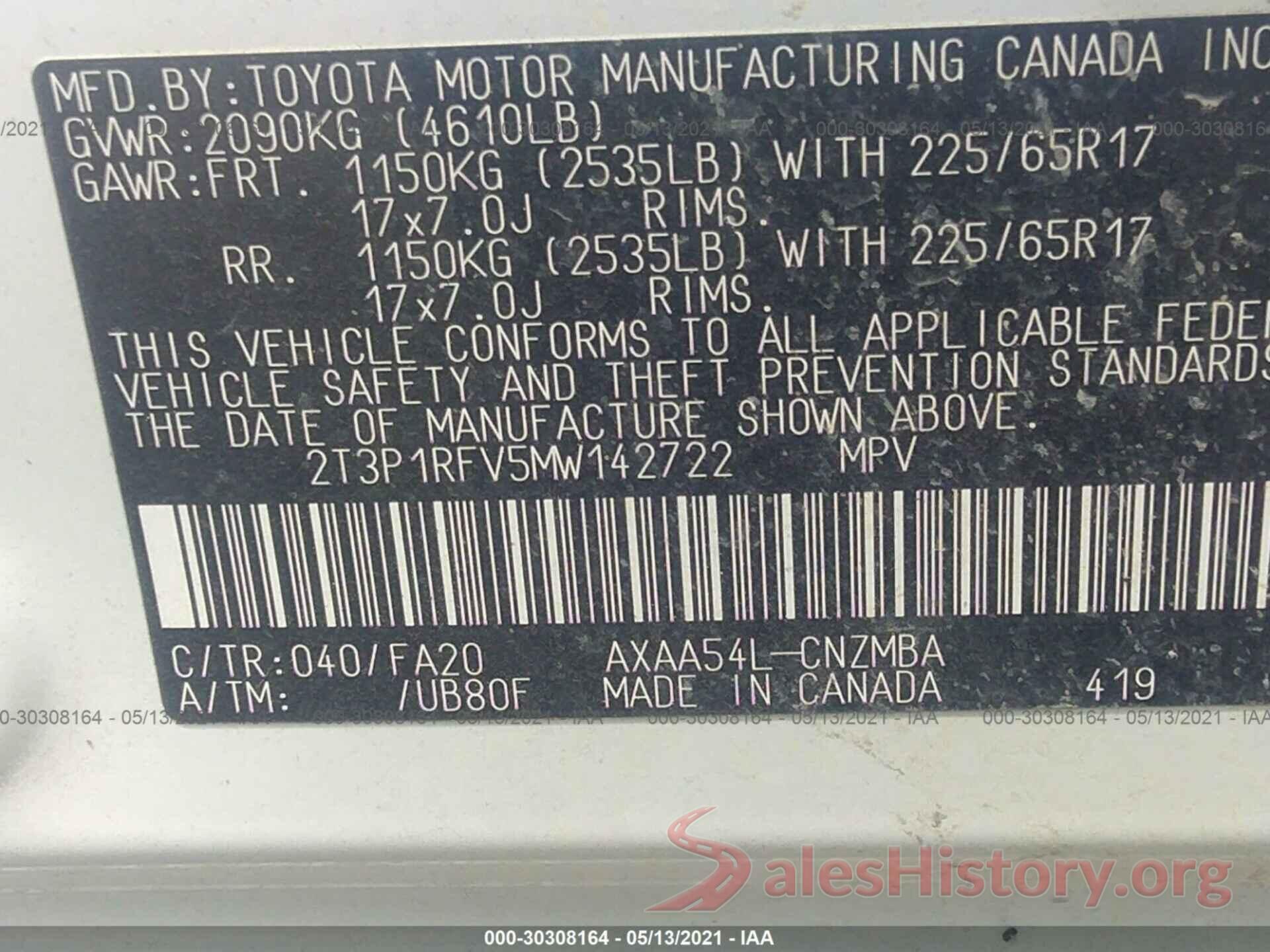 2T3P1RFV5MW142722 2021 TOYOTA RAV4